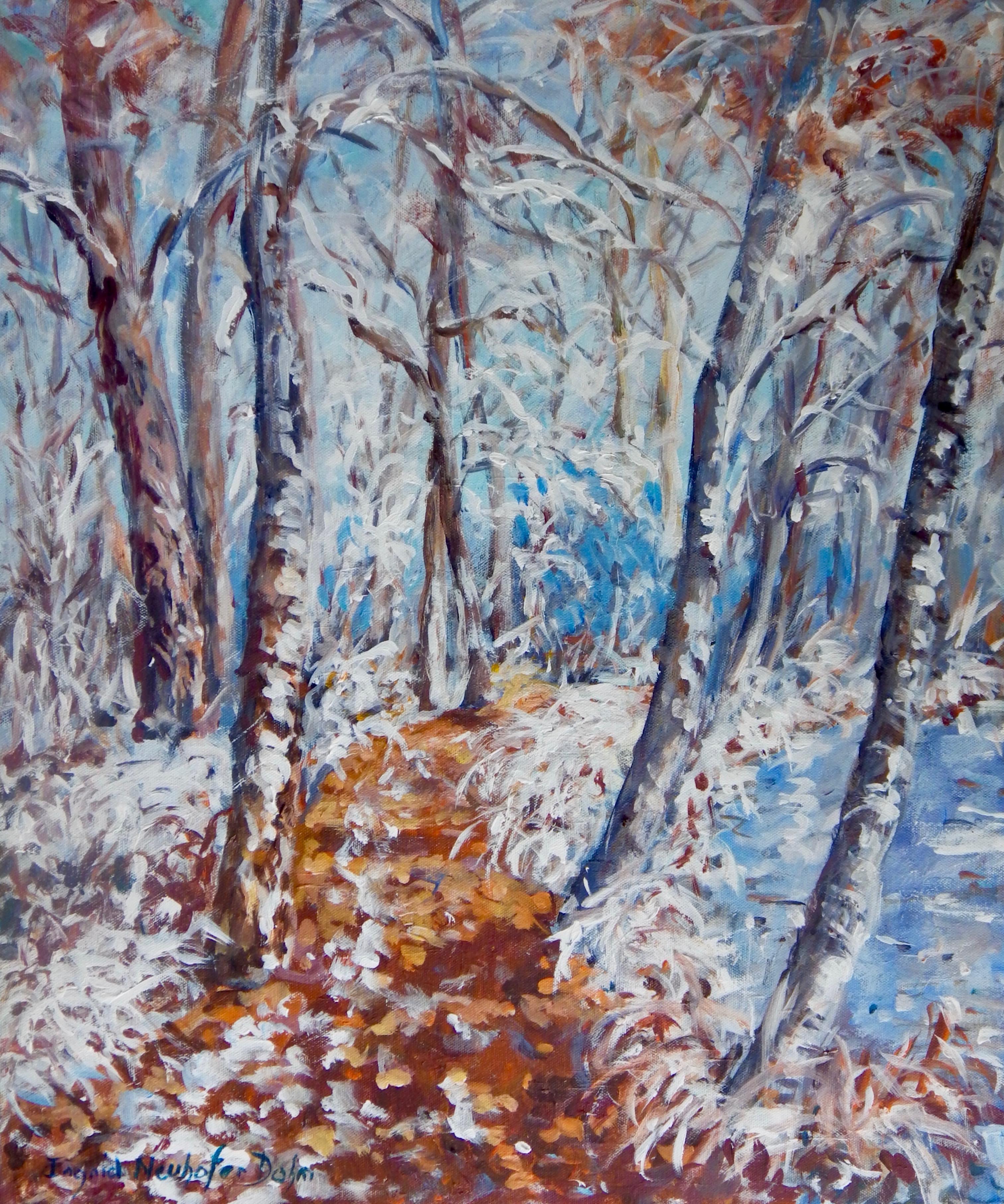 Ingrid Dohm Still-Life Painting - Forest Path in Winter, Acrylic Painting on Canvas (Winter Snowscape), 2018