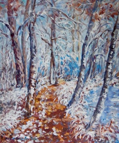 Forest Path in Winter, Acrylic Painting on Canvas (Winter Snowscape), 2018