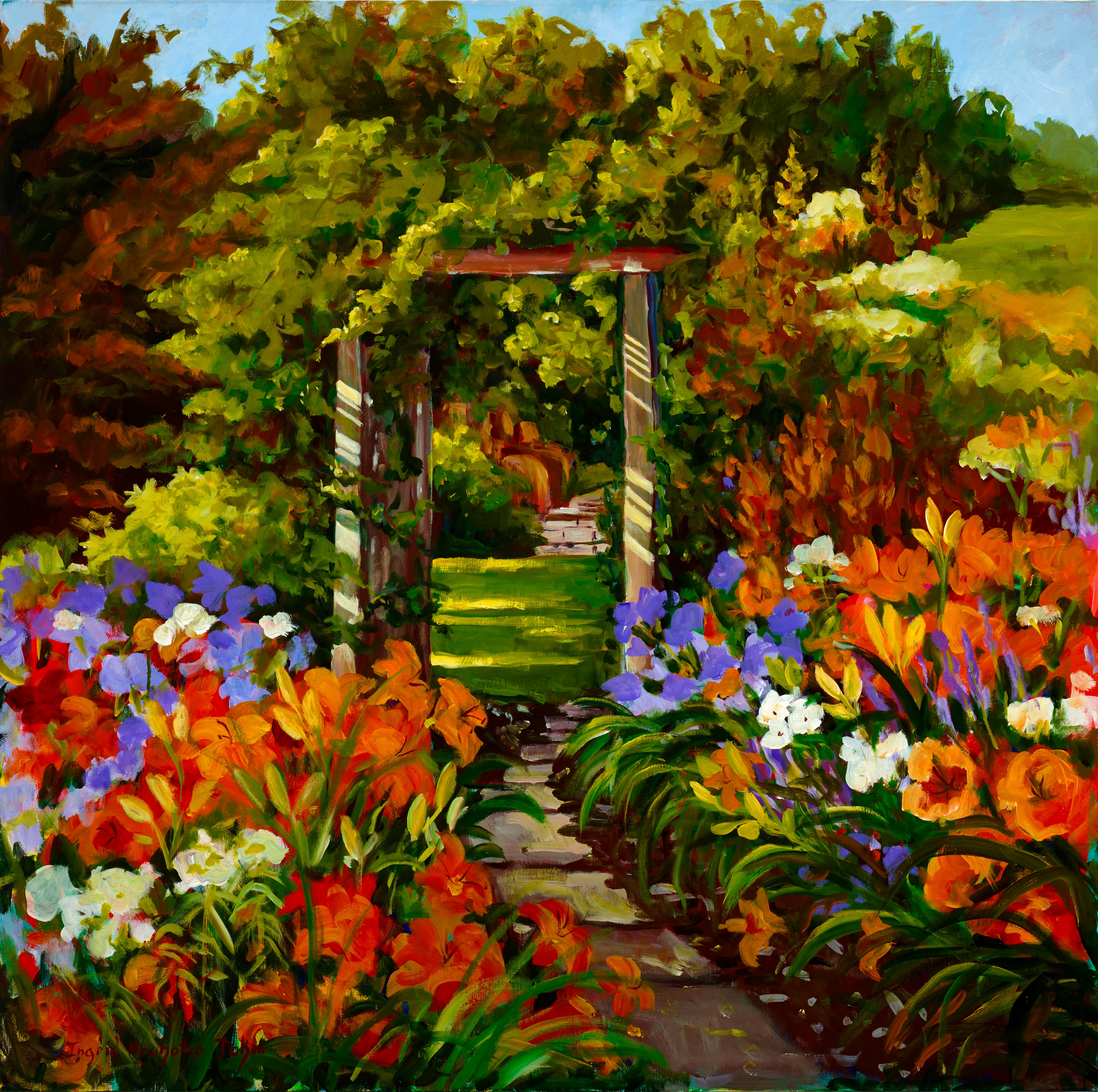 Garden Trellis, Original Acrylic on Canvas Garden Landscape Painting, 2014