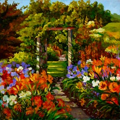 Garden Trellis, Original Acrylic on Canvas Garden Landscape Painting, 2014