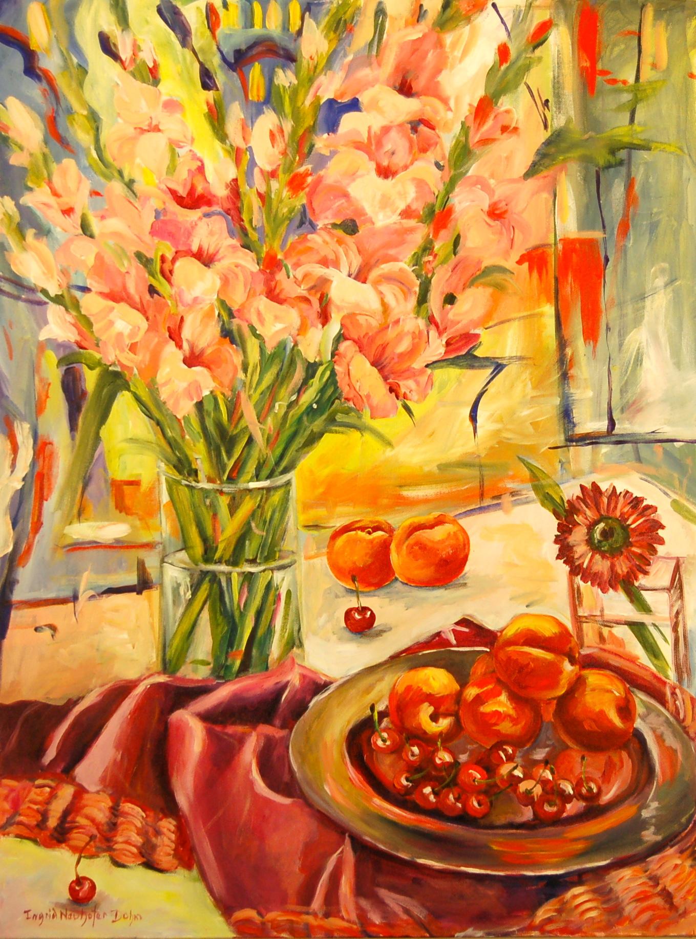 Gladiolas, Original geblümtes Stillleben aus Acryl auf Leinwand, 2013