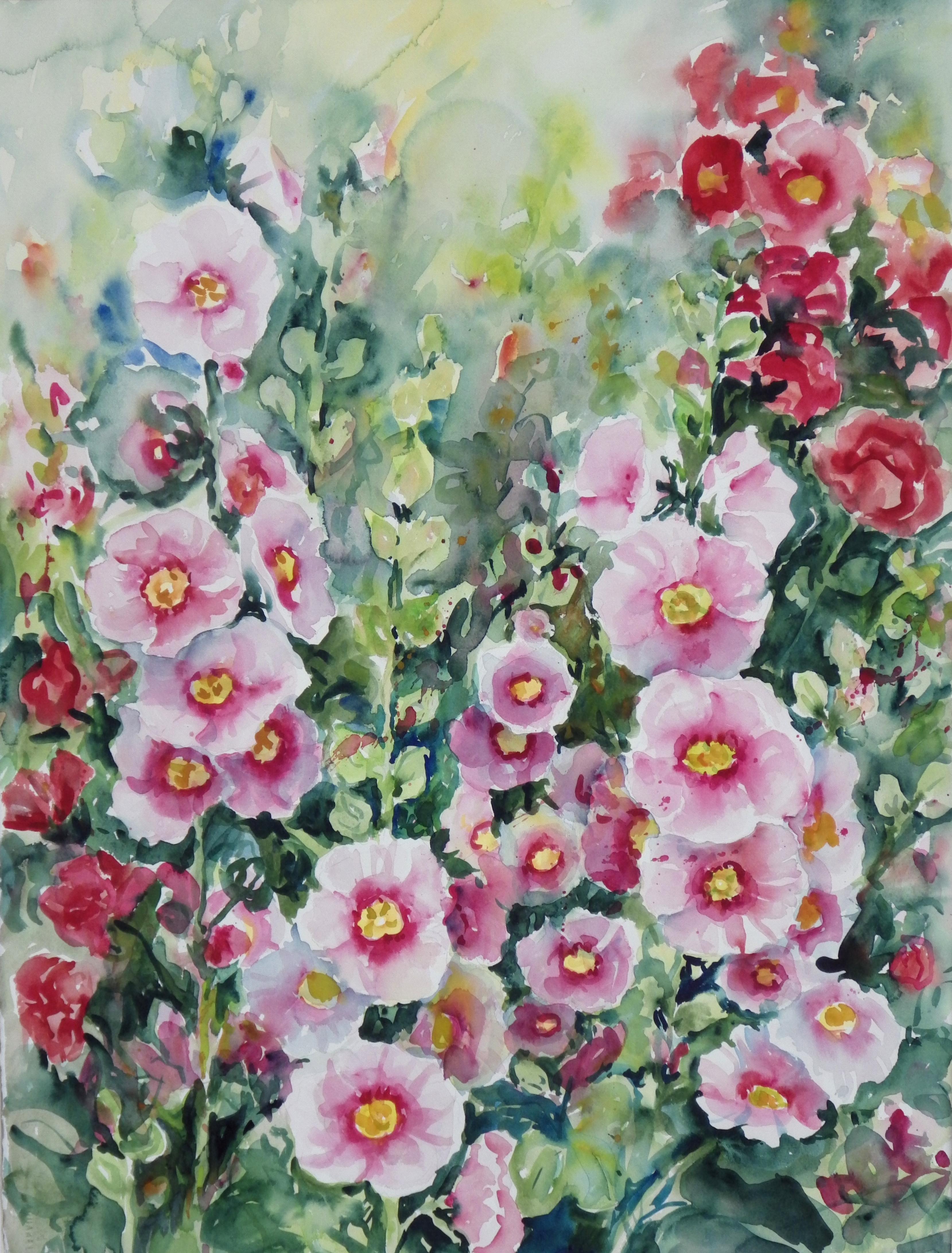 Ingrid Dohm Landscape Painting - Hollyhocks, Original Watercolor Painting, 2014