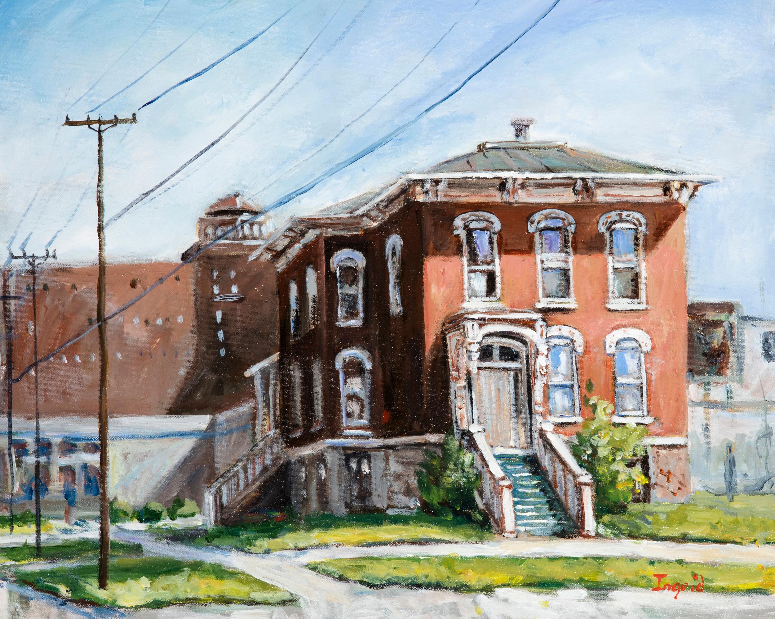 Landscape Painting di Ingrid Dohm - Last House Standing, dipinto originale di paesaggio urbano in acrilico su tela, 2013