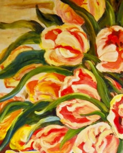 Orange Tea Service, Original Signed Yellow Floral Still Life Painting on Canvas