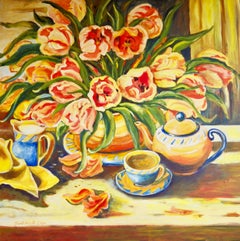 Orange Tea Service, Original Signed Yellow Floral Still Life Painting on Canvas