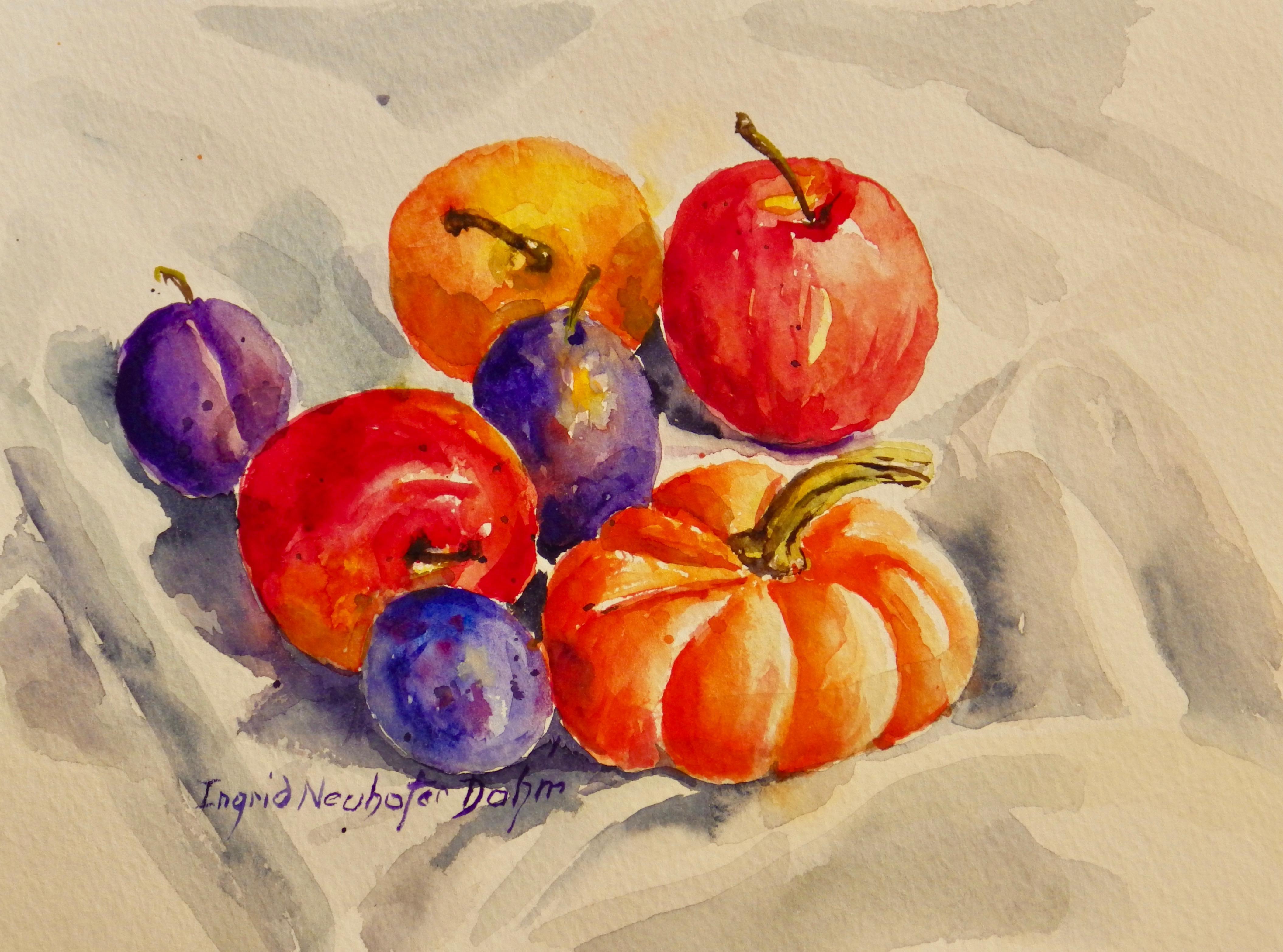 Ingrid Dohm Still-Life Painting - Pluma and Apples, Original Still Life Painting, 2018