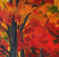 Red Alley II, Original Signed Impressionist Red Landscape Painting on Canvas