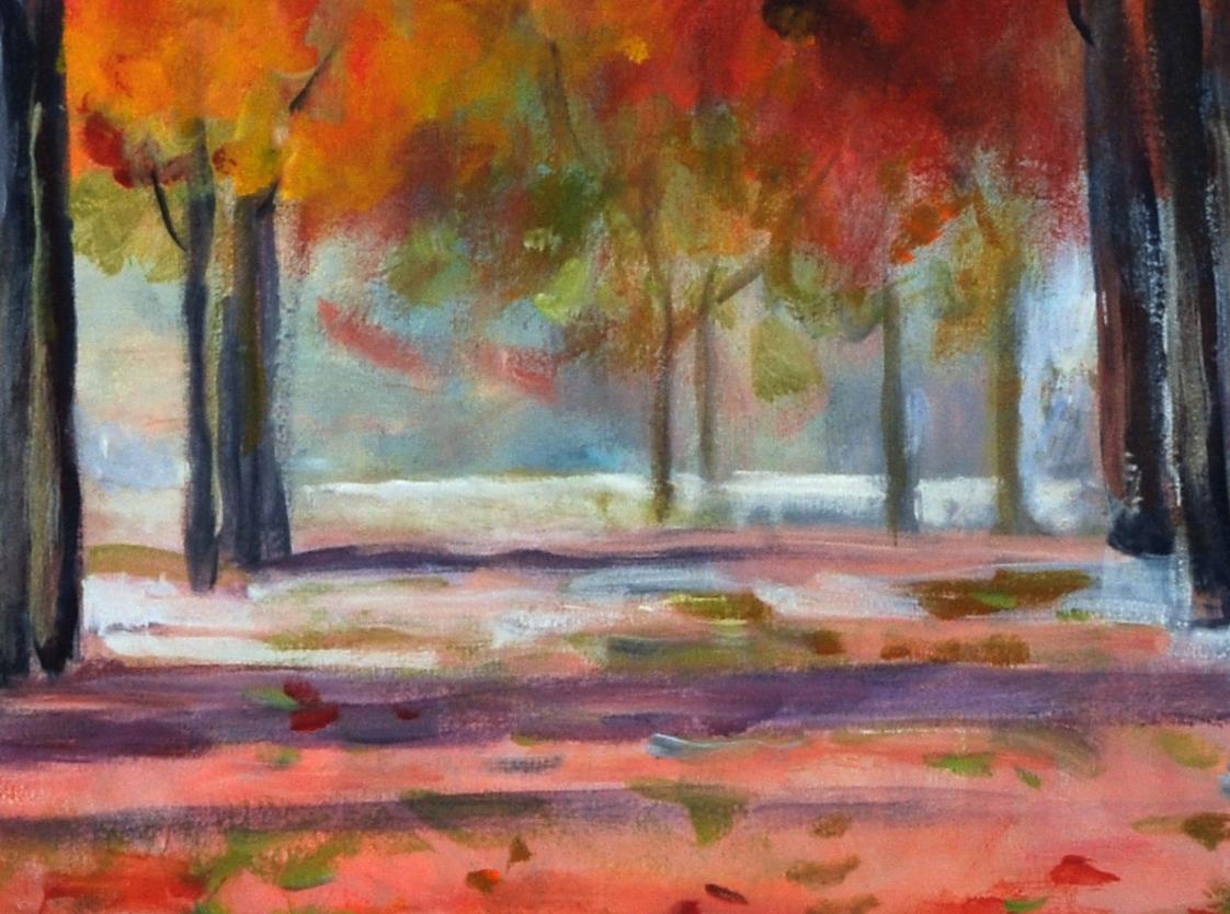 Red Alley II, Original Signed Impressionist Red Landscape Painting on Canvas For Sale 4