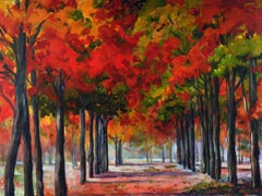 Red Alley II, Original Signed Impressionist Red Landscape Painting on Canvas