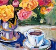 Rosas rojas y rosas, bodegón floral impresionista contemporáneo original firmado