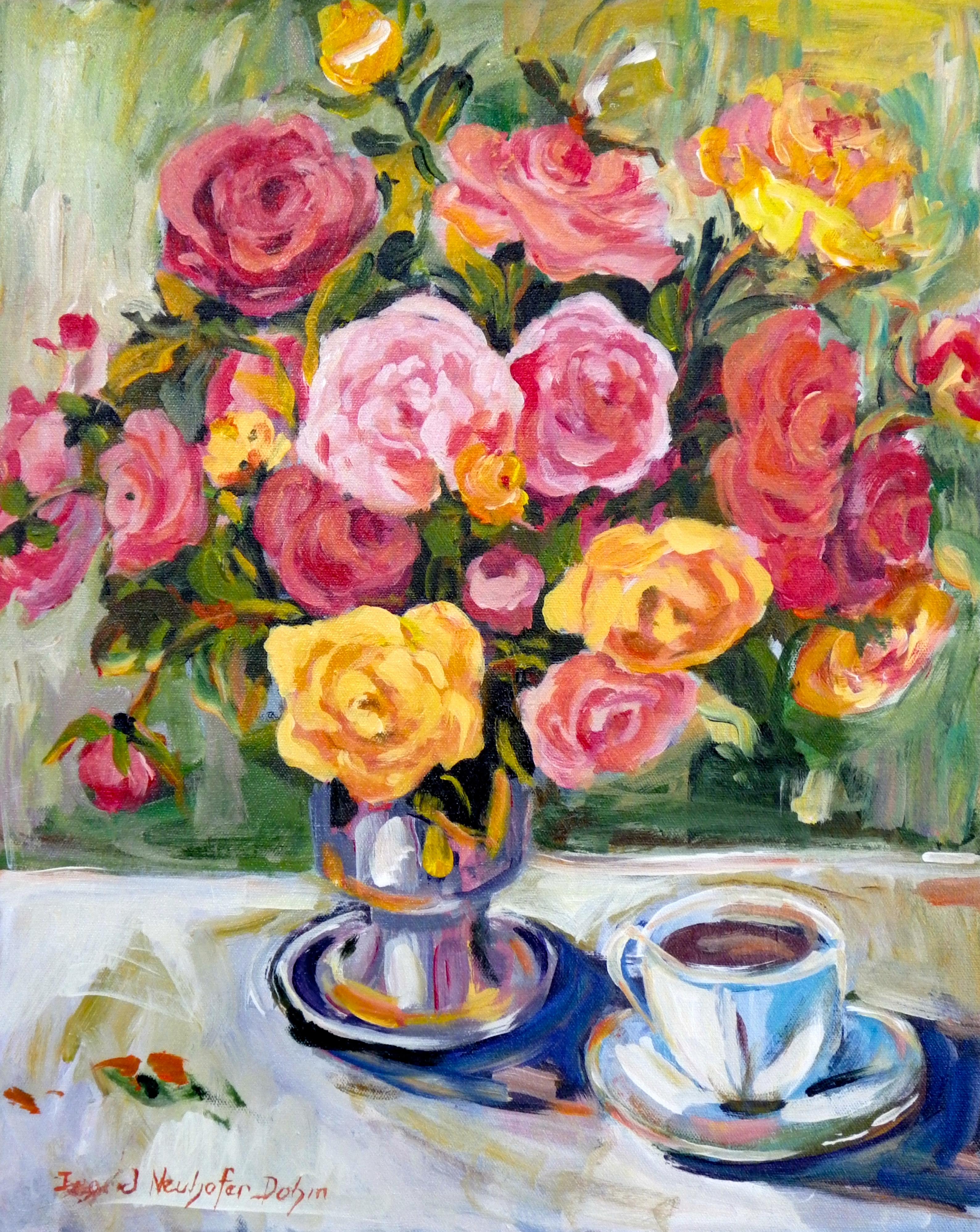 Red and Pink Roses, Original Signed Contemporary Impressionist Floral Still Life - Painting by Ingrid Dohm