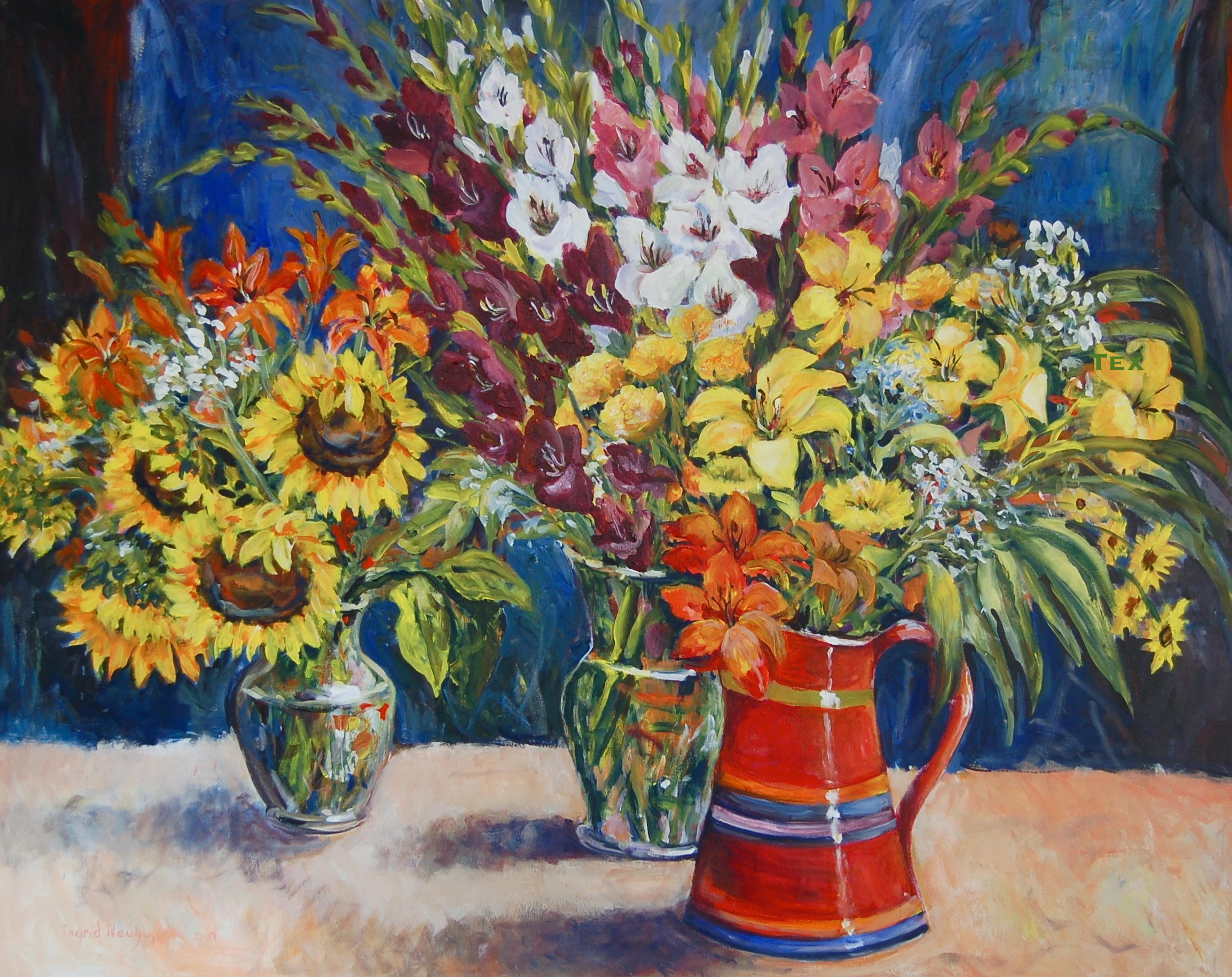 Ingrid Dohm Still-Life Painting - Red Pitcher, Original Acrylic on Canvas Floral Still Life, 2013