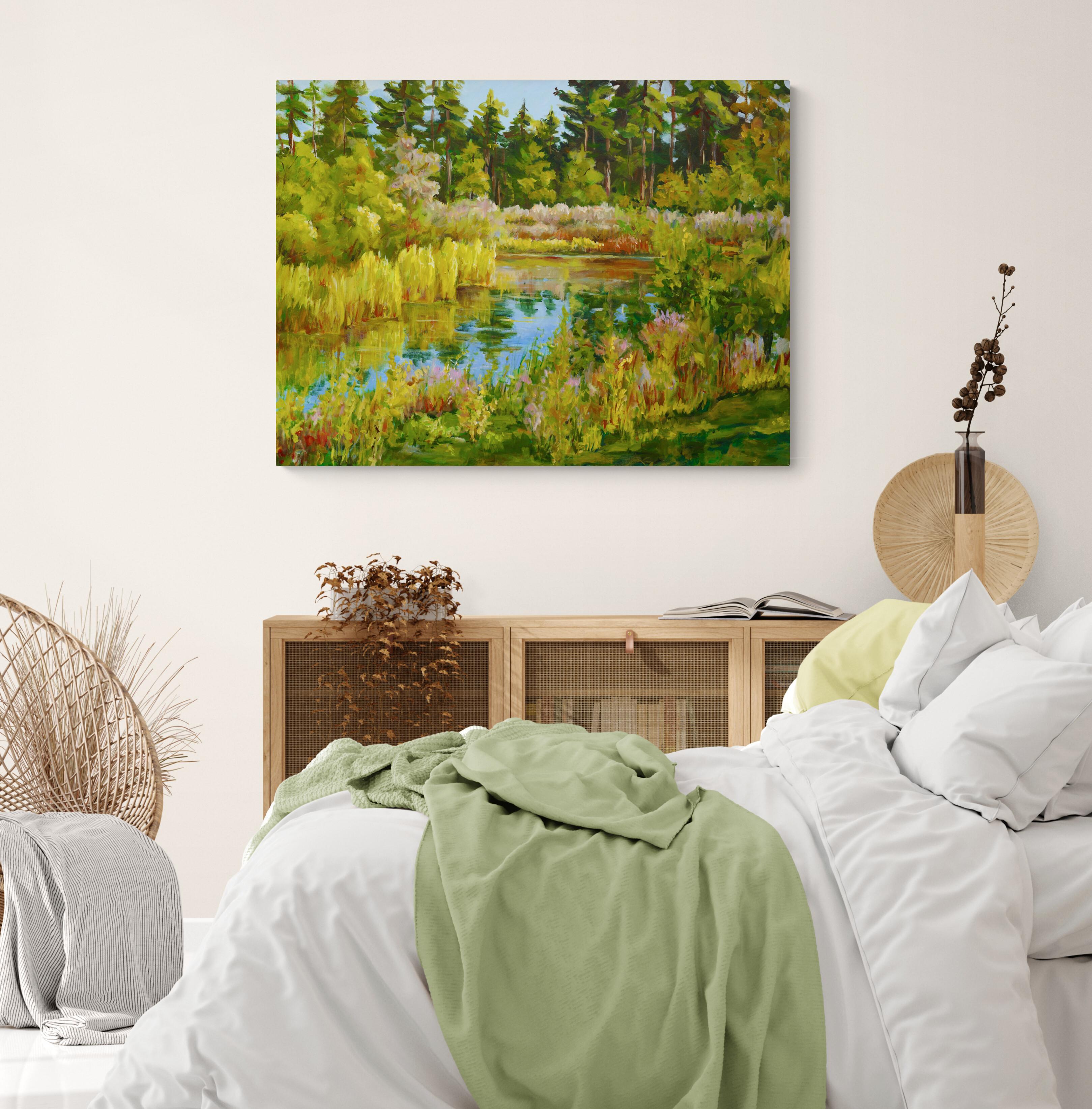 Rock Valley College Pond, Original Contemporary Impressionist Landscape Painting For Sale 2