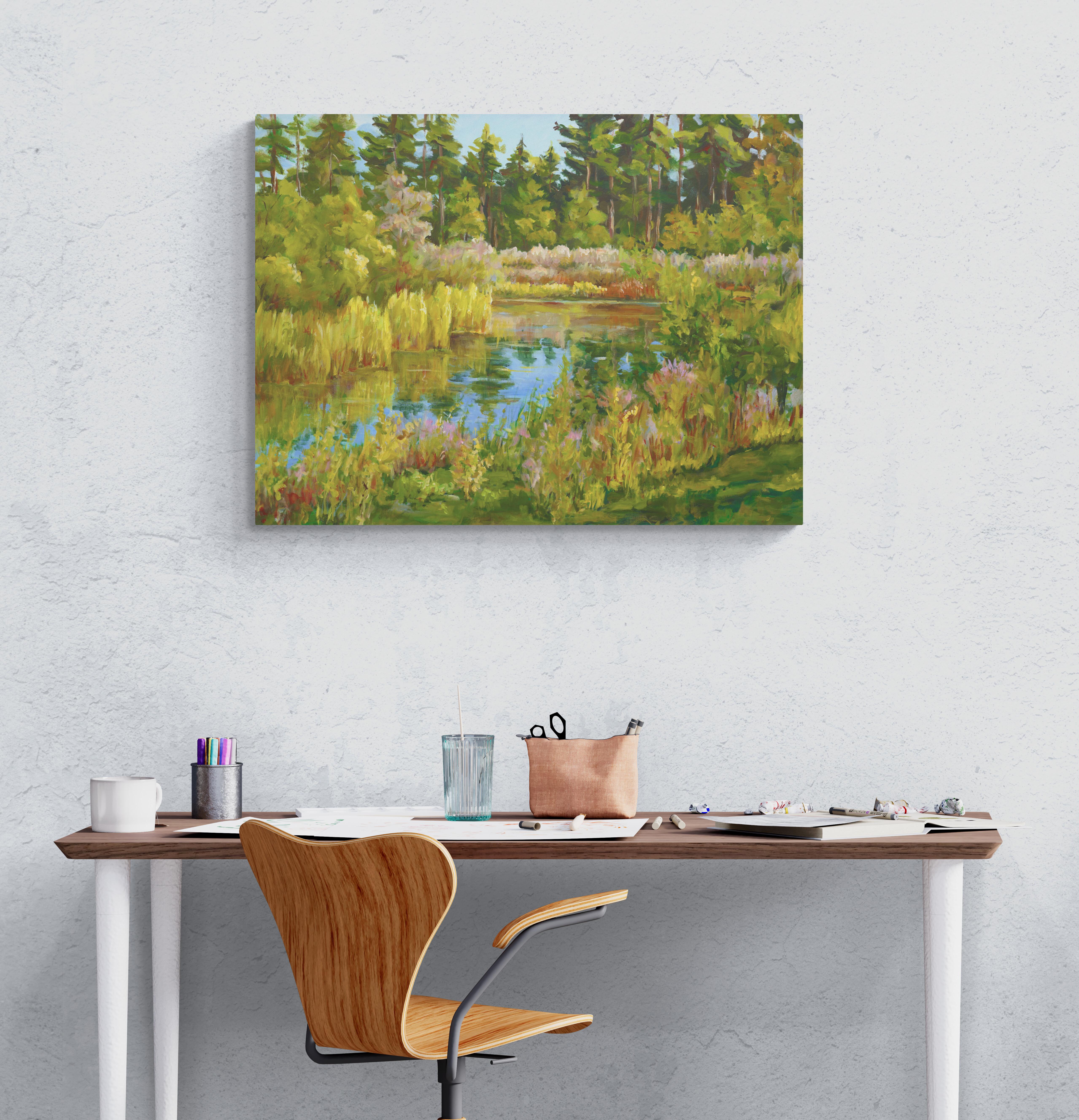 Rock Valley College Pond, Original Contemporary Impressionist Landscape Painting For Sale 3