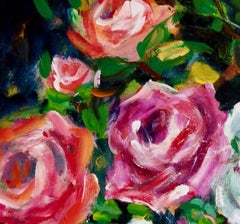 Roses, Original signiertes impressionistisches Blumenstillleben auf Leinwand