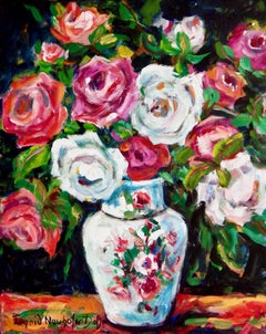 Roses, Original Signed Impressionist Floral Still Life Painting on Canvas