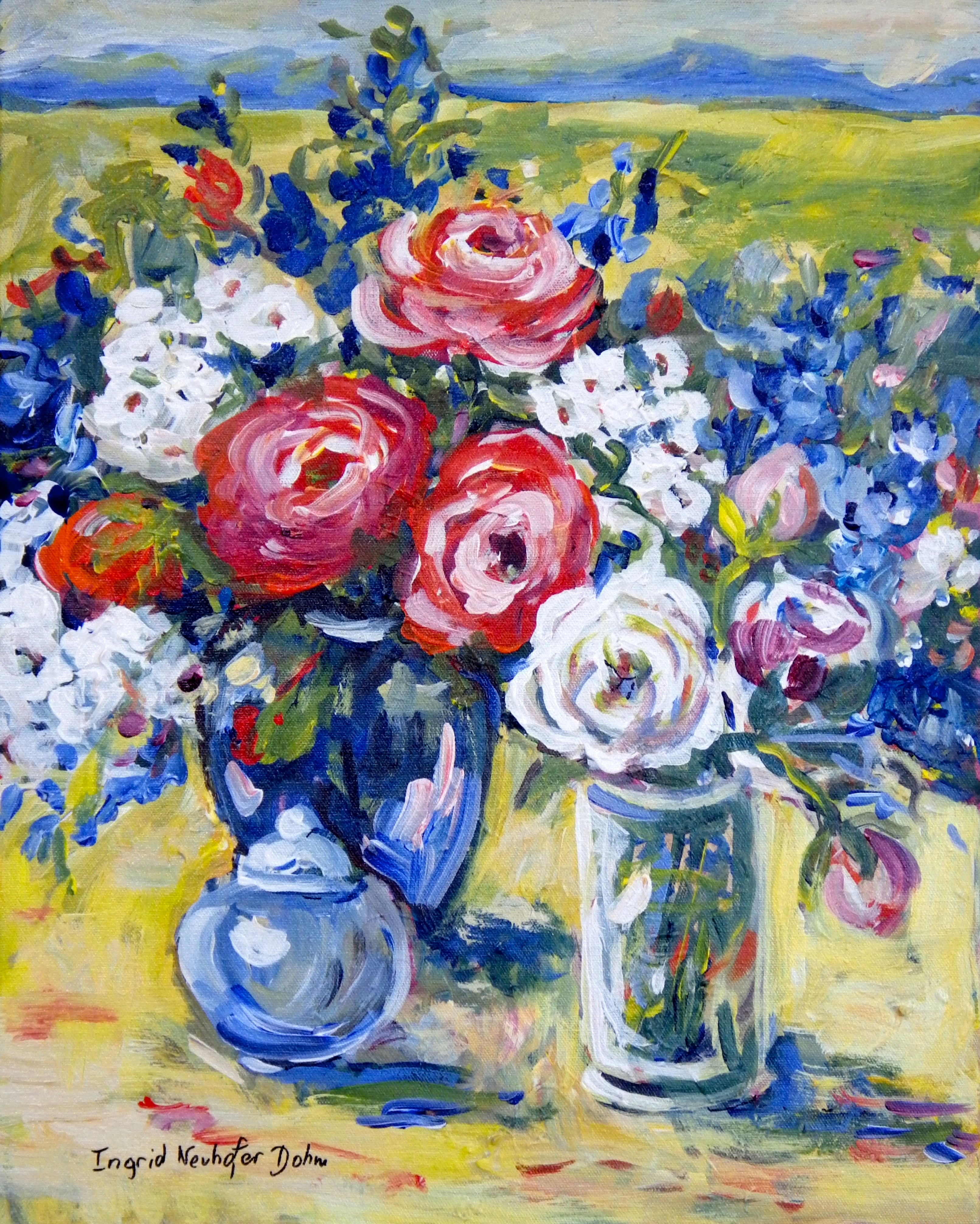 Ingrid Dohm Still-Life Painting – Roses, Original signiertes zeitgenössisches impressionistisches Blumenstillleben