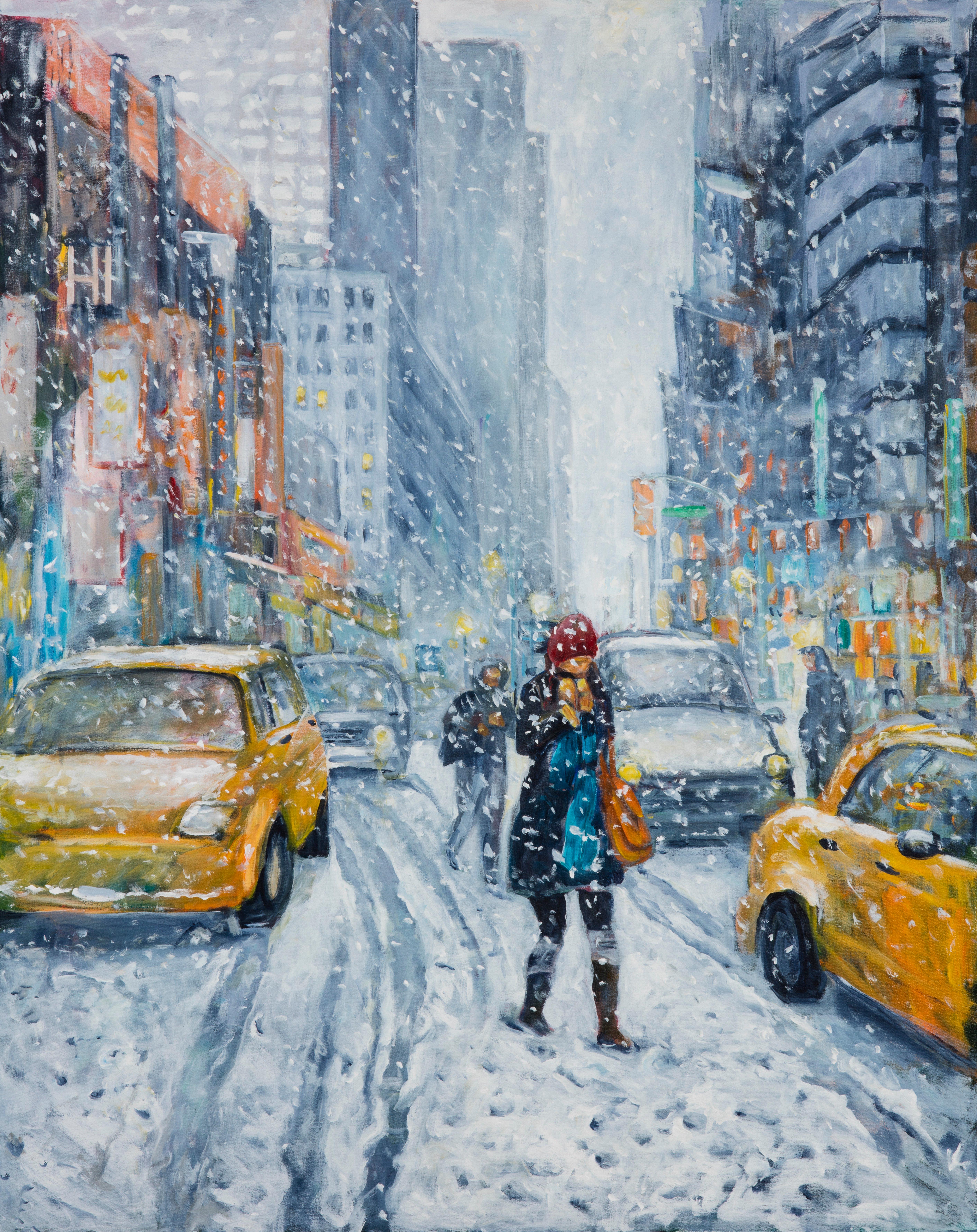 Ingrid Dohm Landscape Painting – Urban Snowstorm, Original-Acrylgemälde, 2020