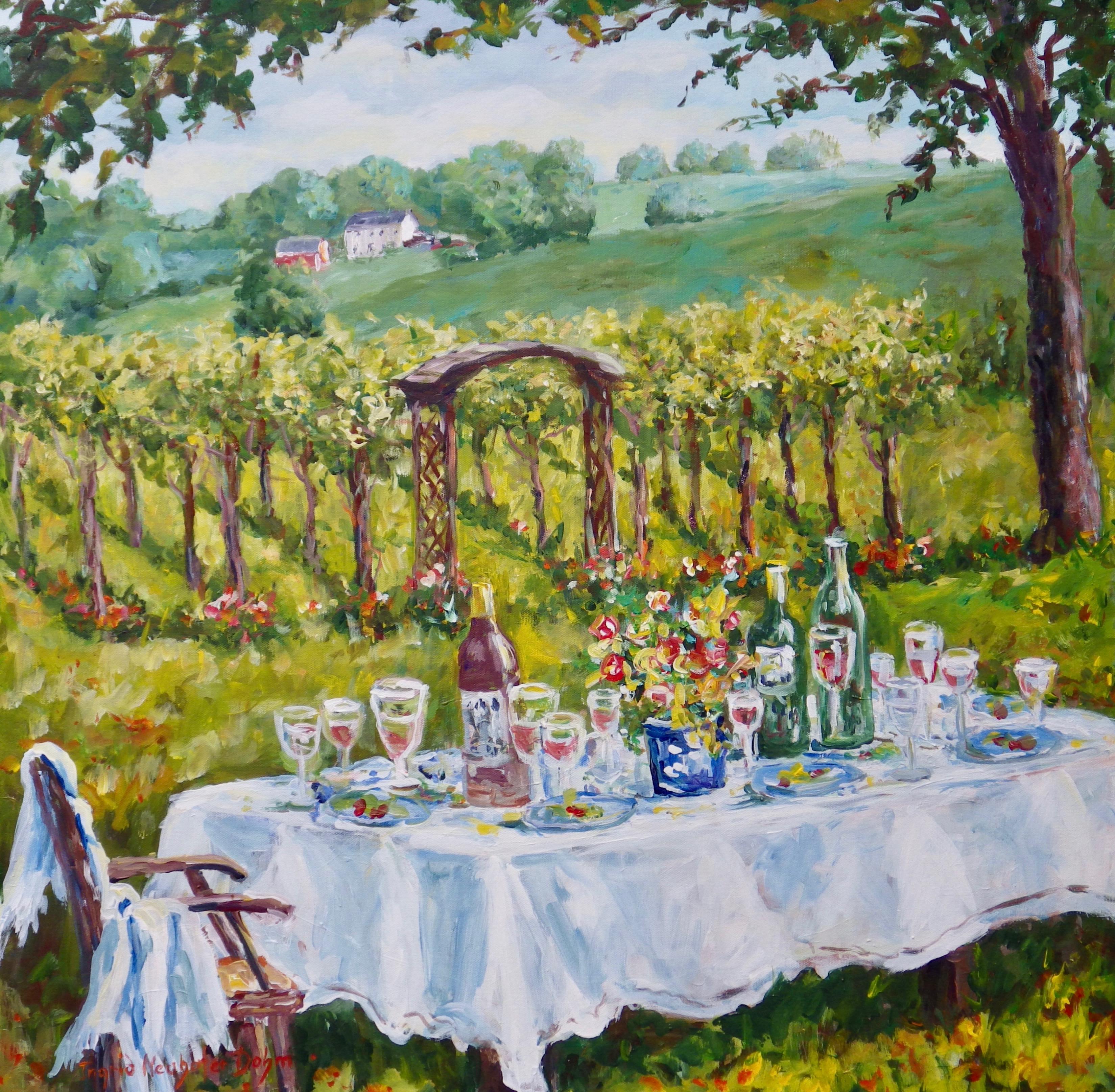 Ingrid Dohm Still-Life Painting - Vineyard Dining, Original Acrylic Painting, 2018