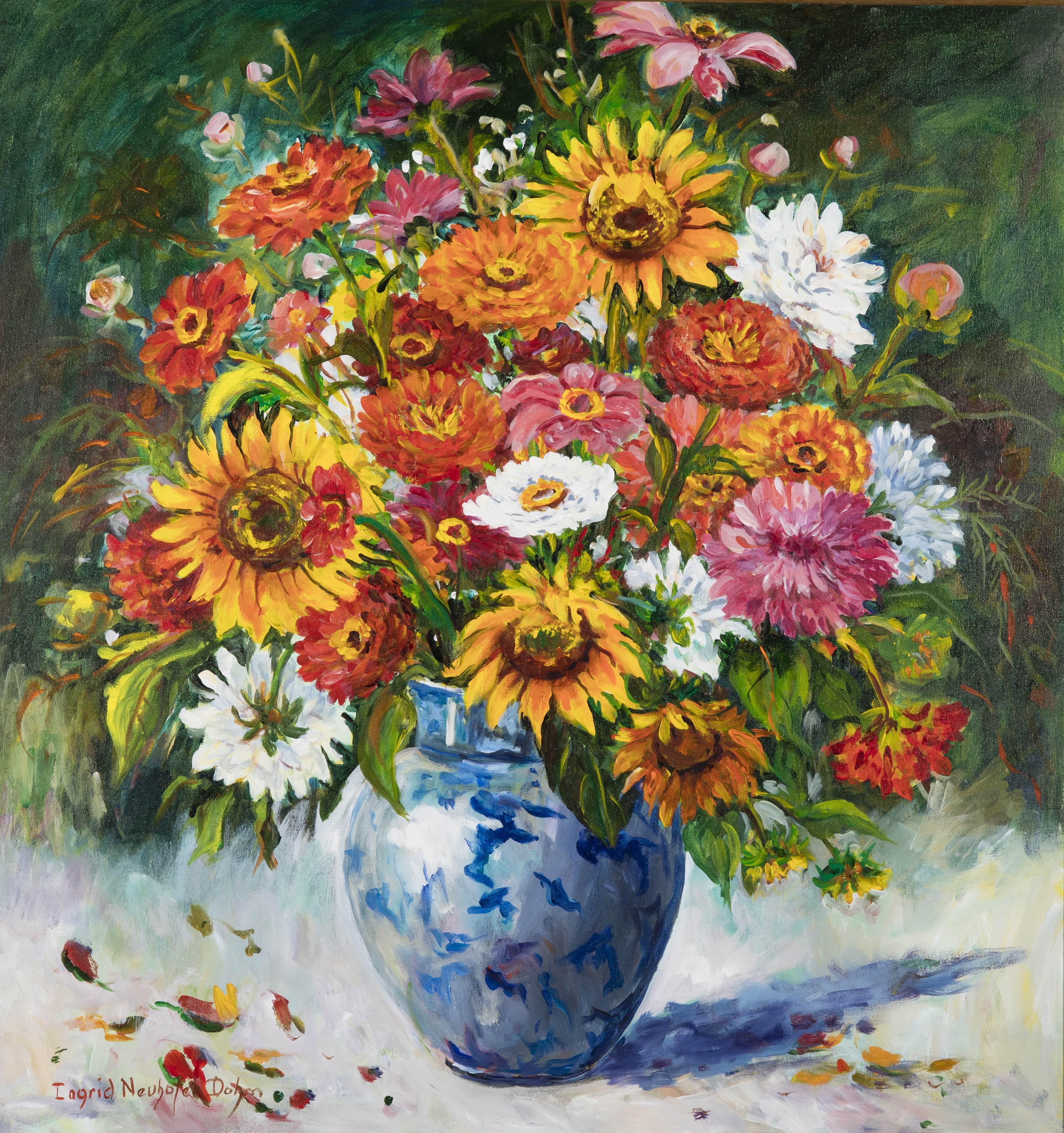 Ingrid Dohm Still-Life Painting - Zinnias and Sunflowers