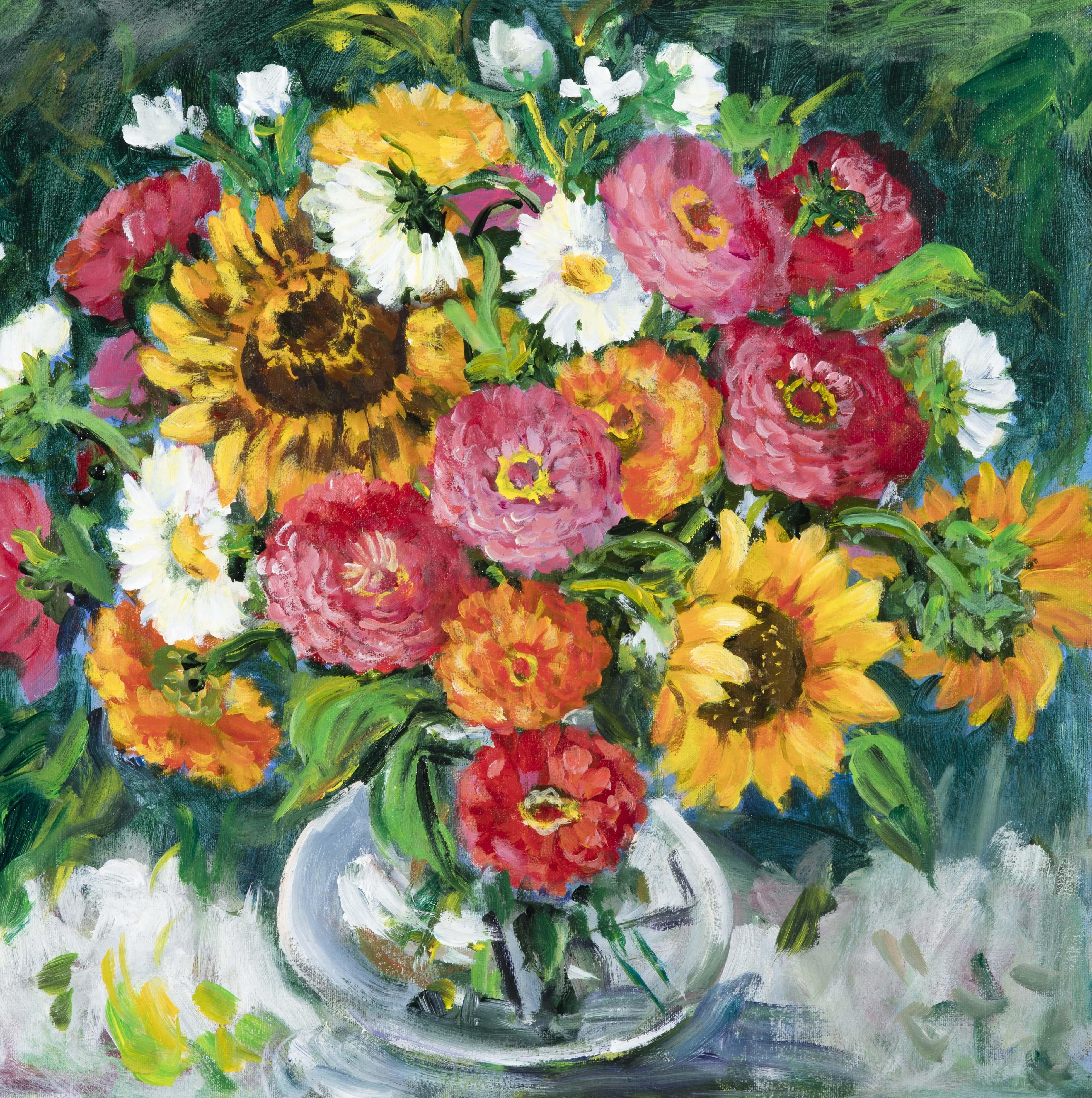Ingrid Dohm Still-Life Painting - Zinnias and Sunflowers II