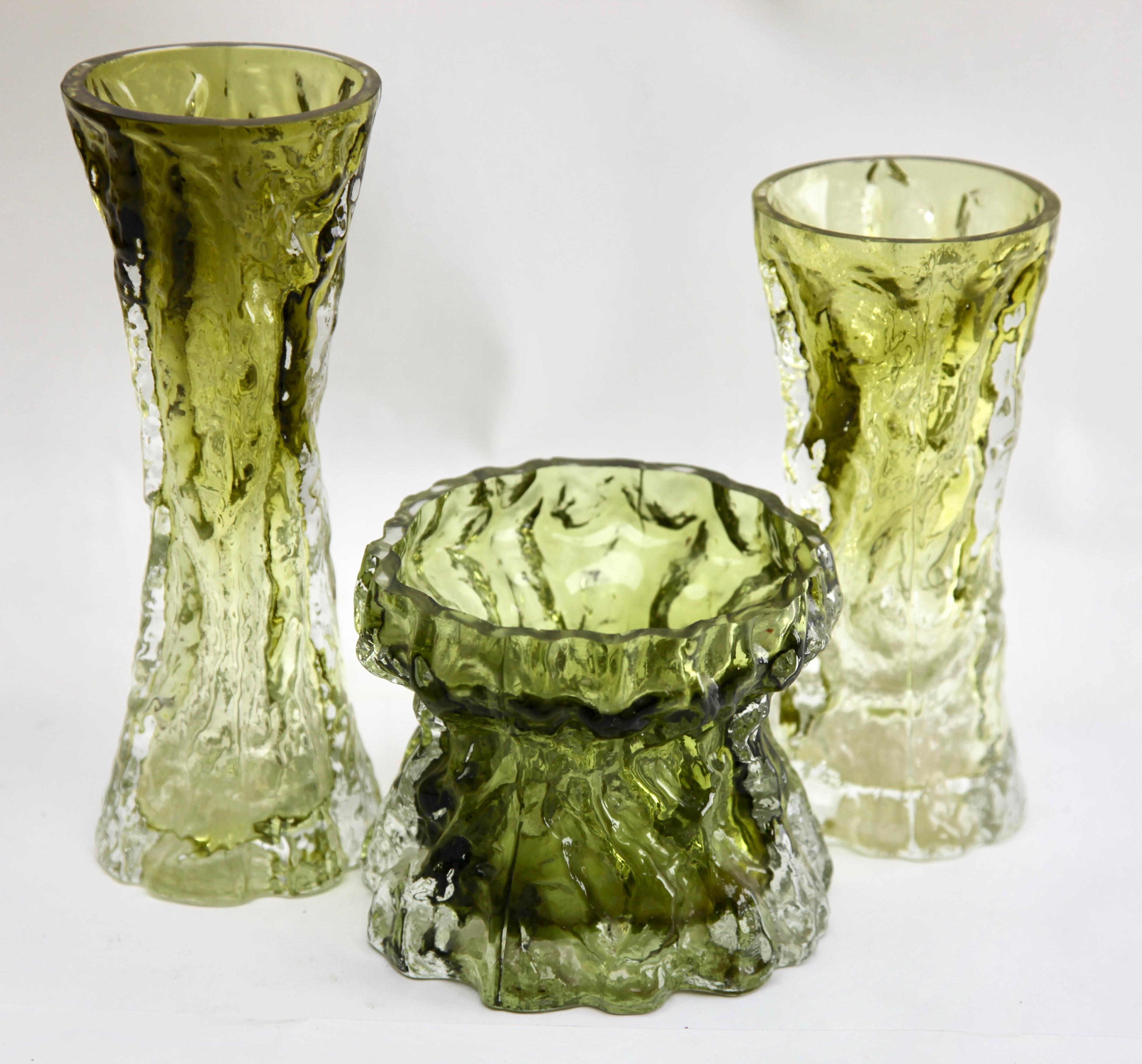 Molded Ingrid Glass 'Germany' Set of Bark Vases in Sage Green, 1970s