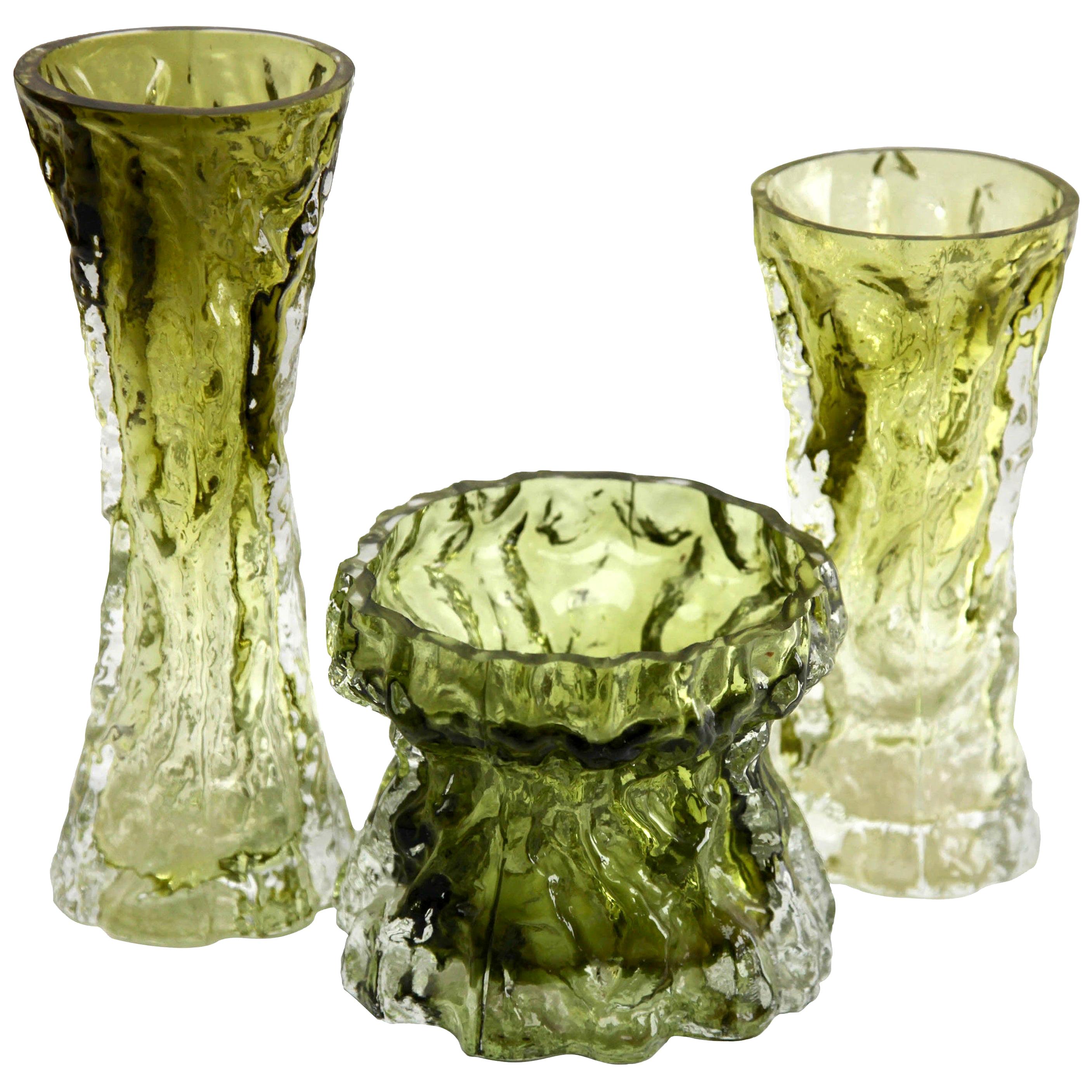 Ingrid Glass 'Germany' Set of Bark Vases in Sage Green, 1970s