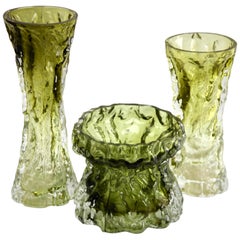 Vintage Ingrid Glass 'Germany' Set of Bark Vases in Sage Green, 1970s