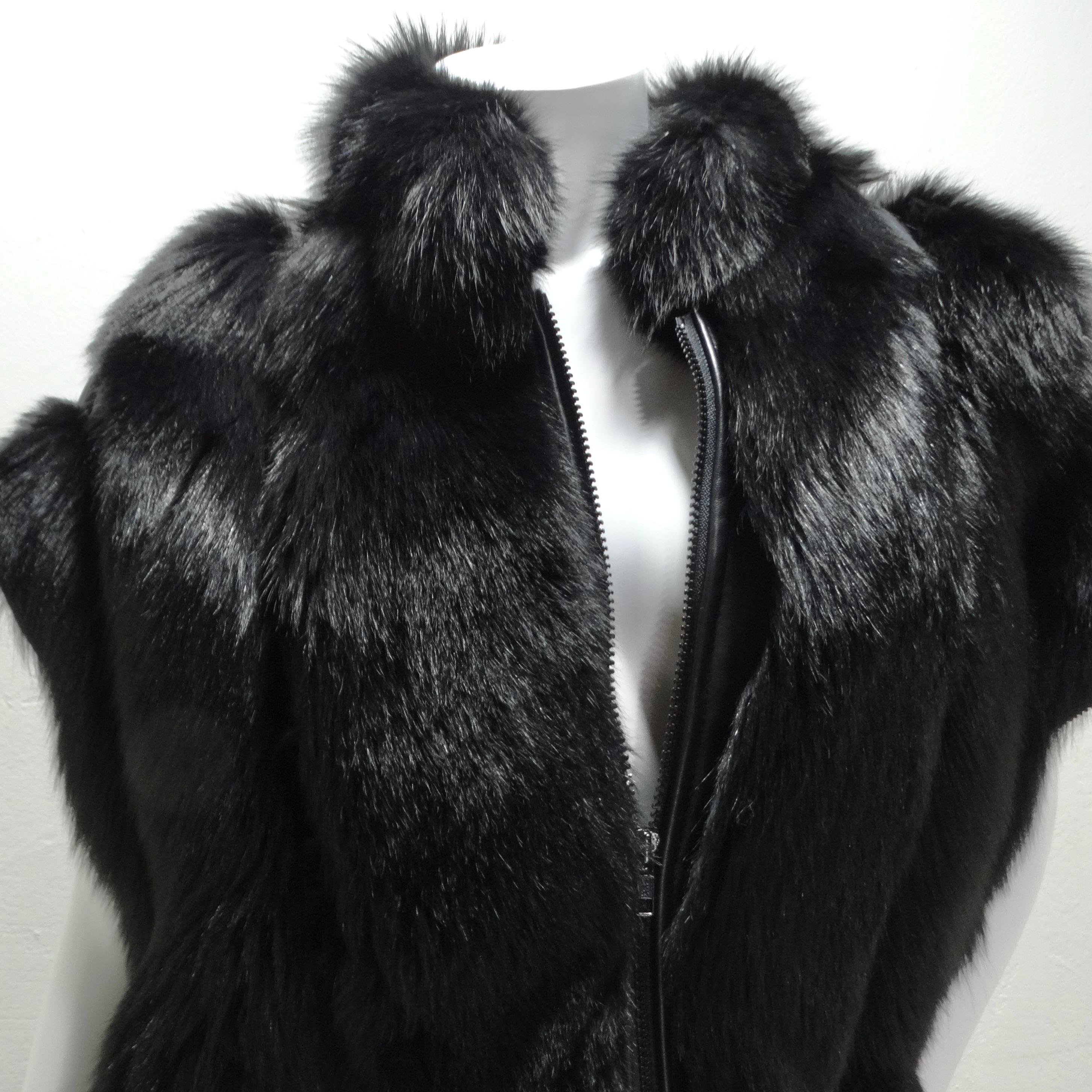 Introducing the epitome of 1980s glamour: the Ingrid Klahn Black Fur Leather Vest. This iconic piece exudes sophistication and edge, embodying the era's fashion-forward spirit. Crafted from sumptuous black fur, this vest boasts an oversized