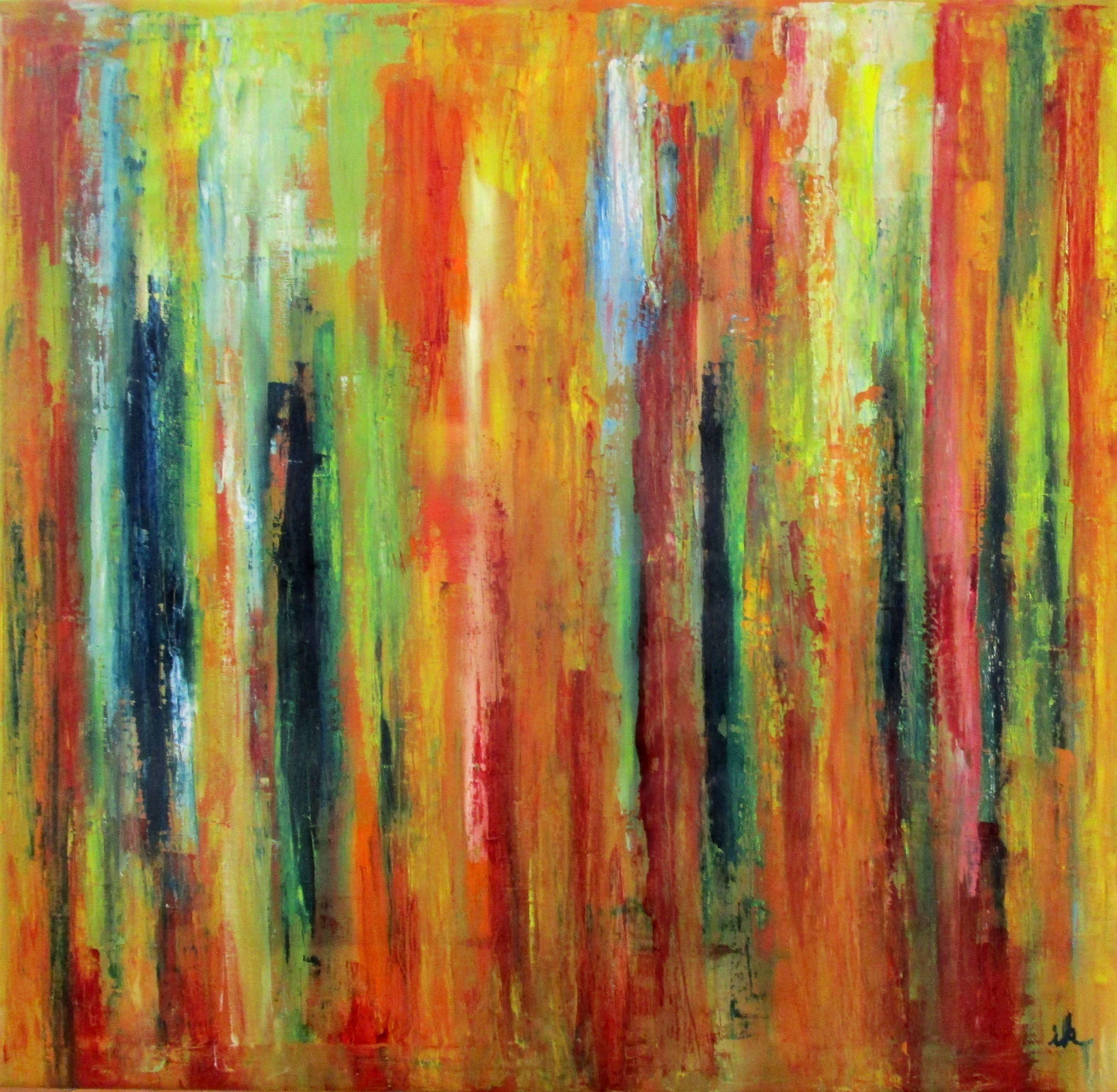 Late Summer in a Square, oil on canvas, 77 by 77 cm, stretched on a gallery frame edges painted;  technique brush and painting knife, 5 layers;  To free myself from the observation of facades, I continue with the work depicting tree trunks.