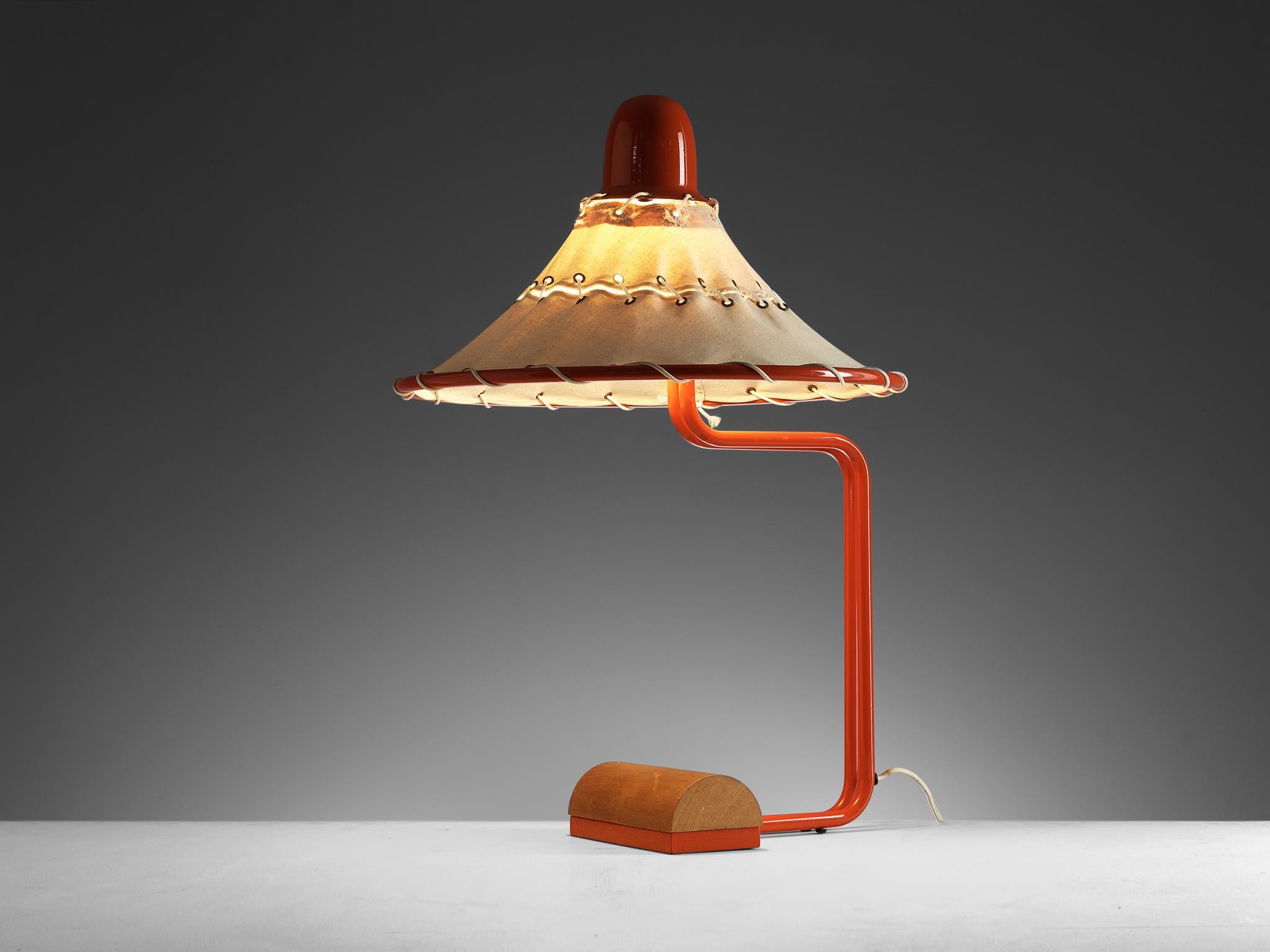 Ingrid of Sweden, table lamp, linen, rope, red lacquered metal, beech, Sweden, 1970s

This Swedish table lamp visually presents a peculiar composition that is not only giving pleasure through haptic beauty, but the construction of this specific
