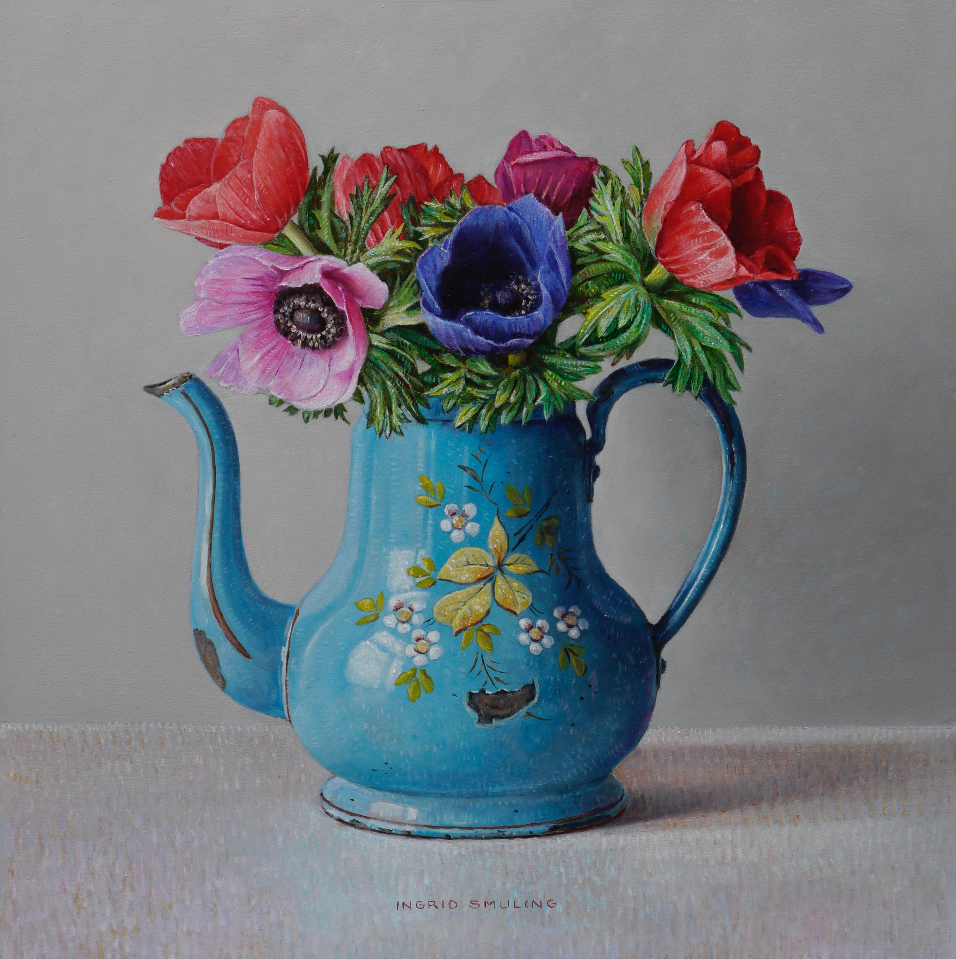 Anemoni in barattolo di smalto - Pittura Still-Life contemporanea del 21° secolo