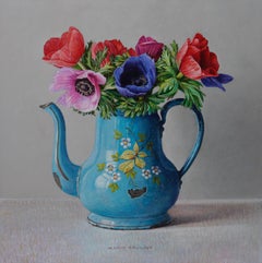 Anemones in Enamel Can - 21st Century Contemporary Still-Life Painting