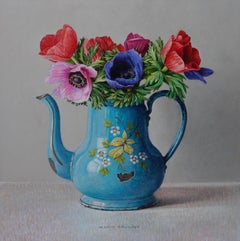 Anemones in Enamel Can - 21st Century Contemporary Still-Life Painting 