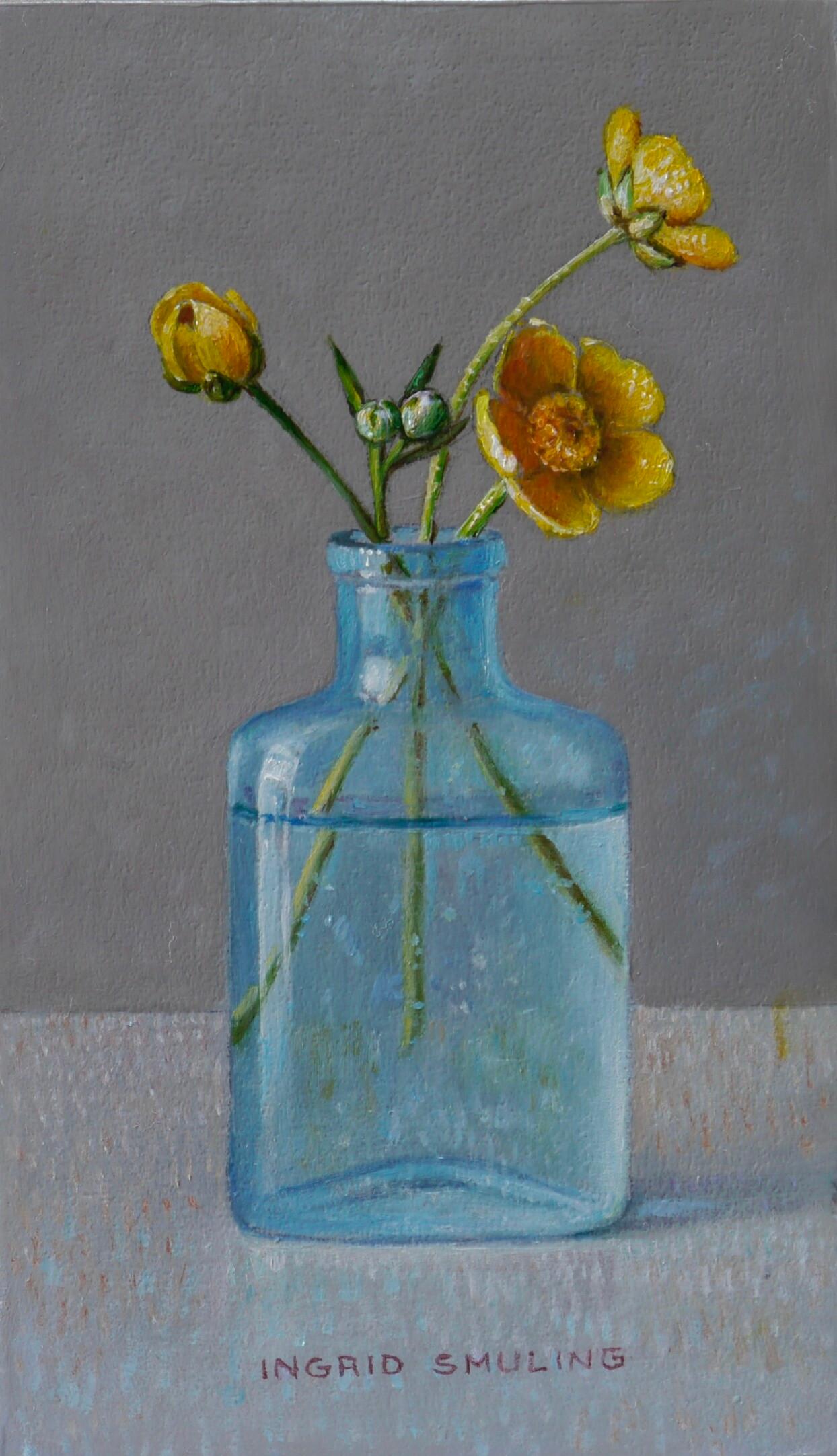 Buttercups in a Turquoise Bottle - 21st Century Flower Dutch Still-life Paintin