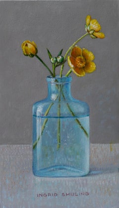 Buttercups in a Turquoise Bottle - 21st Century Flower Dutch Still-life Paintin