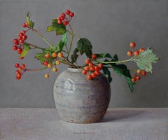 Currant branches in ginger jar- 21st Century Dutch Still-life painting