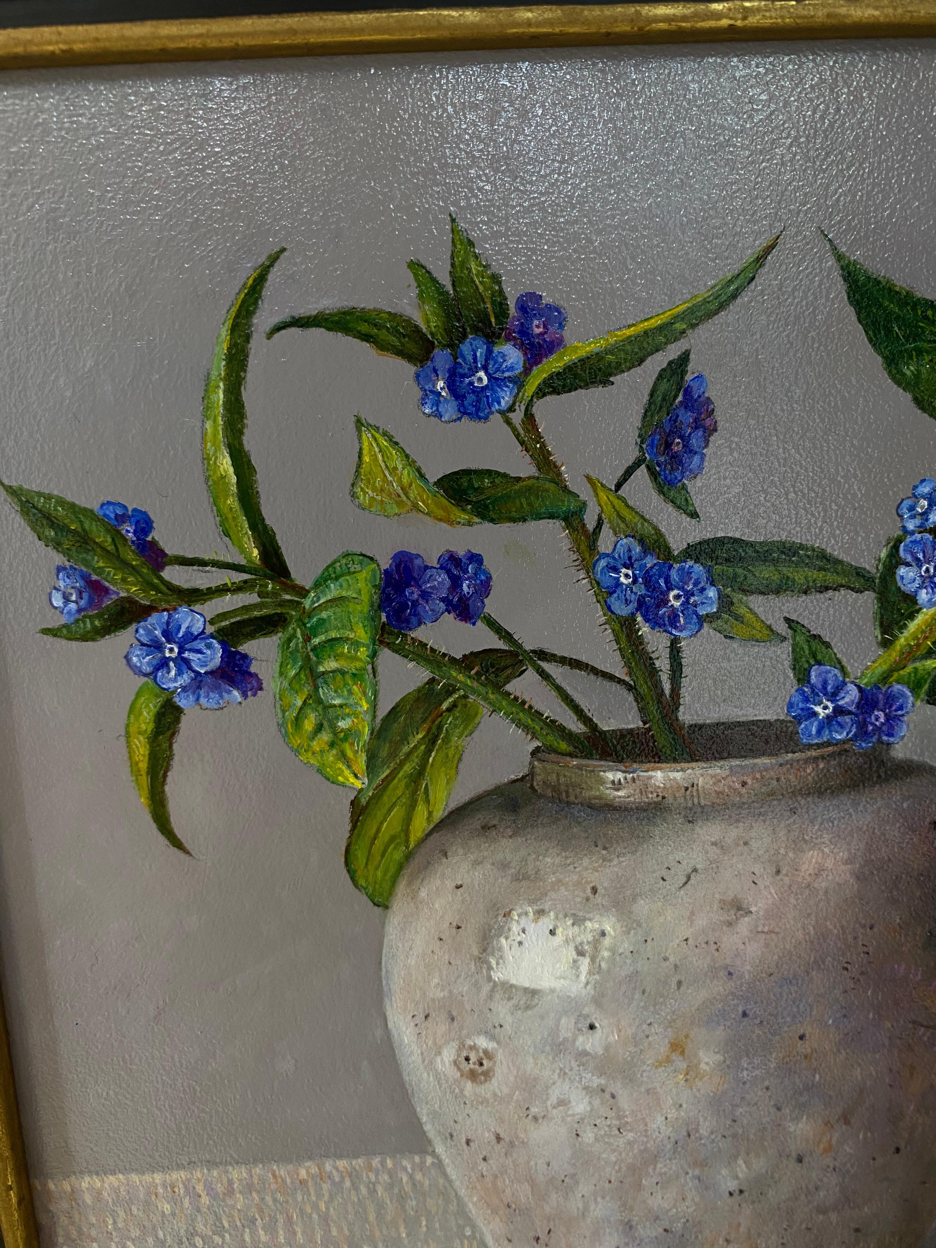 Ingrid Smuling 
Forget-me-nots in a Ginger Jar
20 x 20 cm olieverf Framed size! 28 x 28 cm ( Frame is included) 
Oil on wood panel

Ingrid Smuling, the Grand Lady of Still life painting is still working every day at the age of almost 80 years. ( In