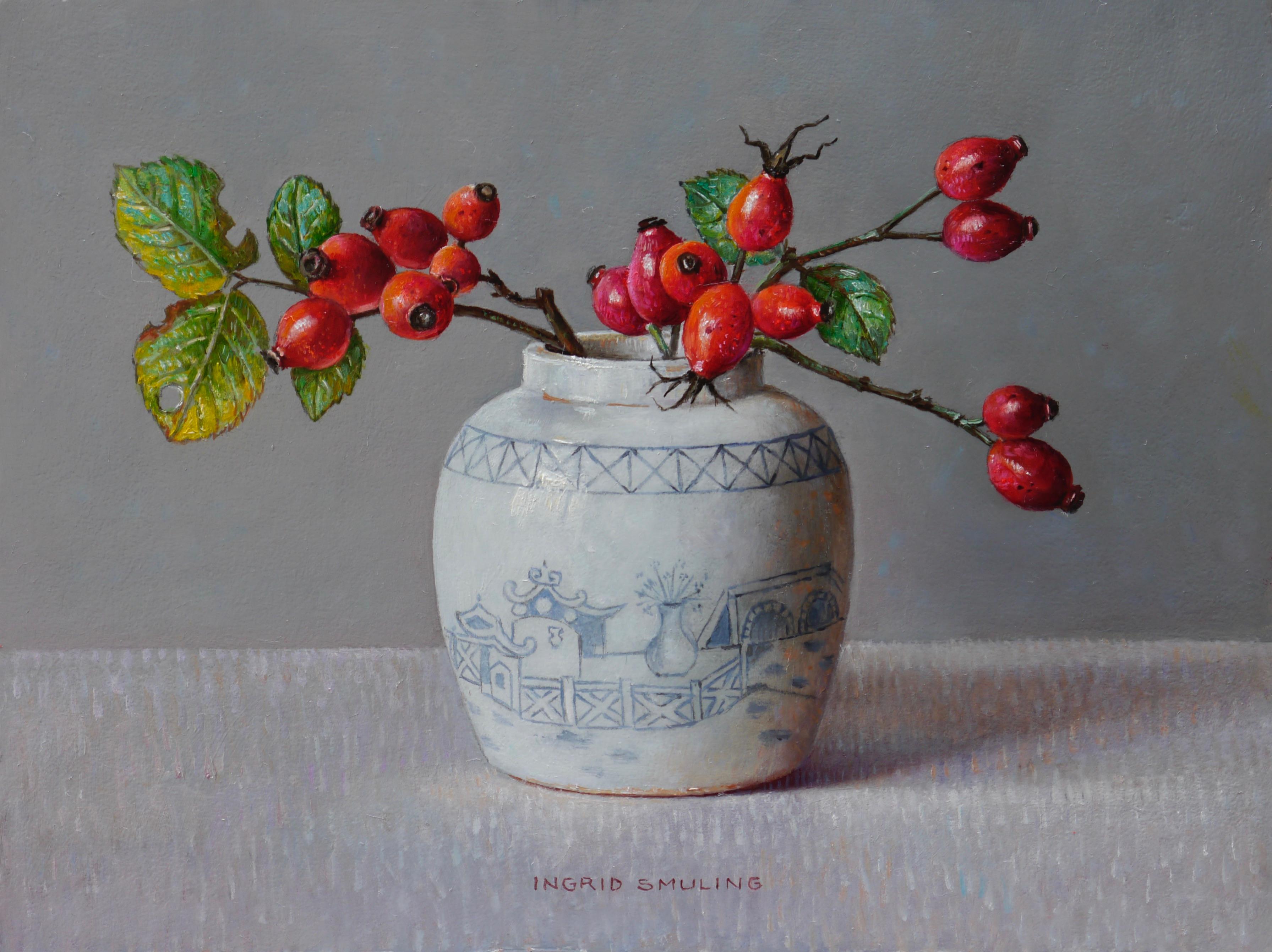 Ingrid Smuling Figurative Painting - Rose Hips in White Ginger Jar, 21st Century Contemporary Still-Life Oil Painting
