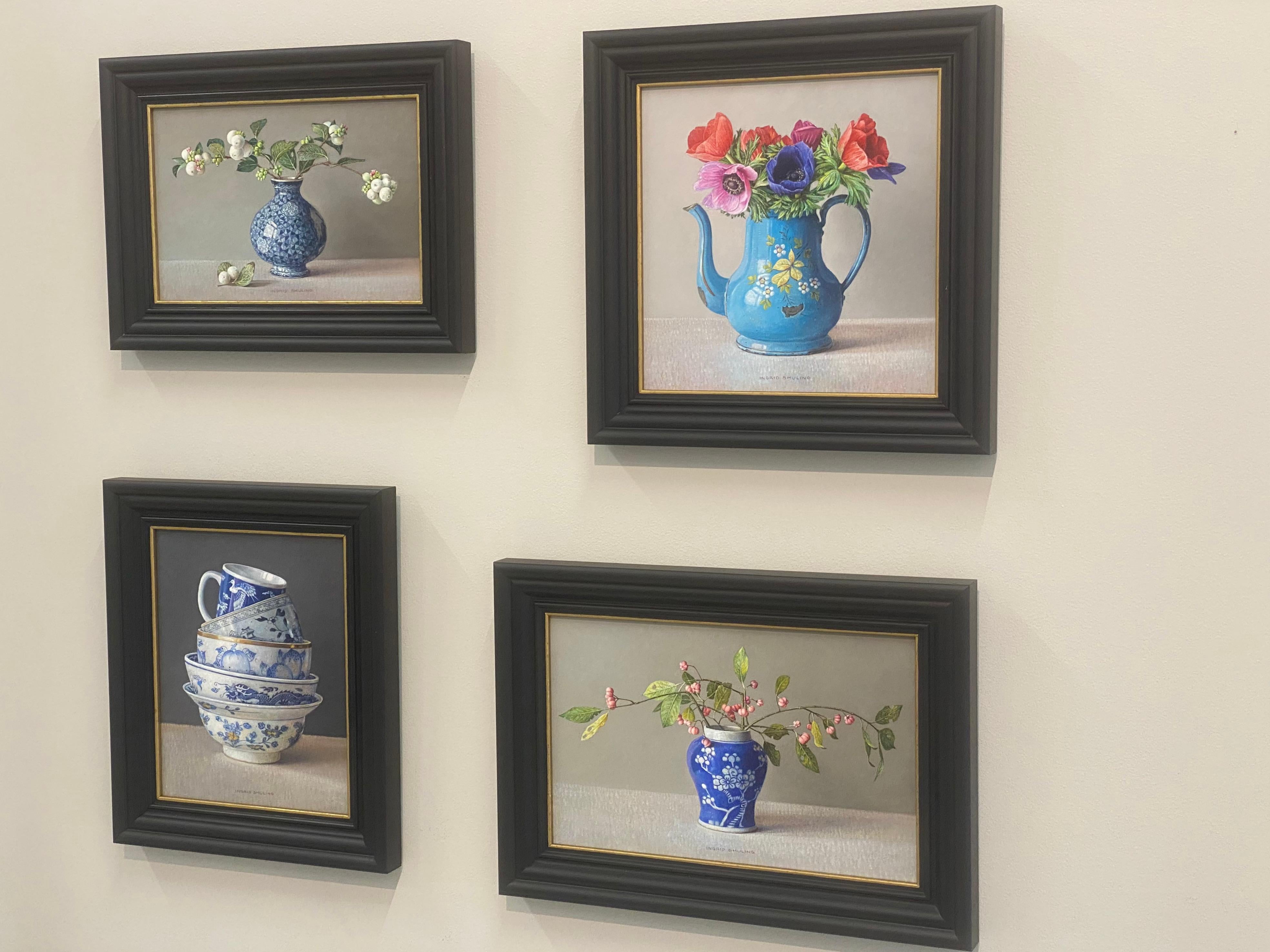 Stacking in Chinese Blue- 21st Century Contemporary Still-Life Painting - Black Figurative Painting by Ingrid Smuling