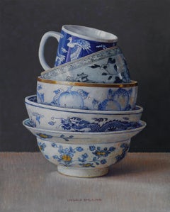 Stacking in Chinese Blue- 21st Century Contemporary Still-Life Painting