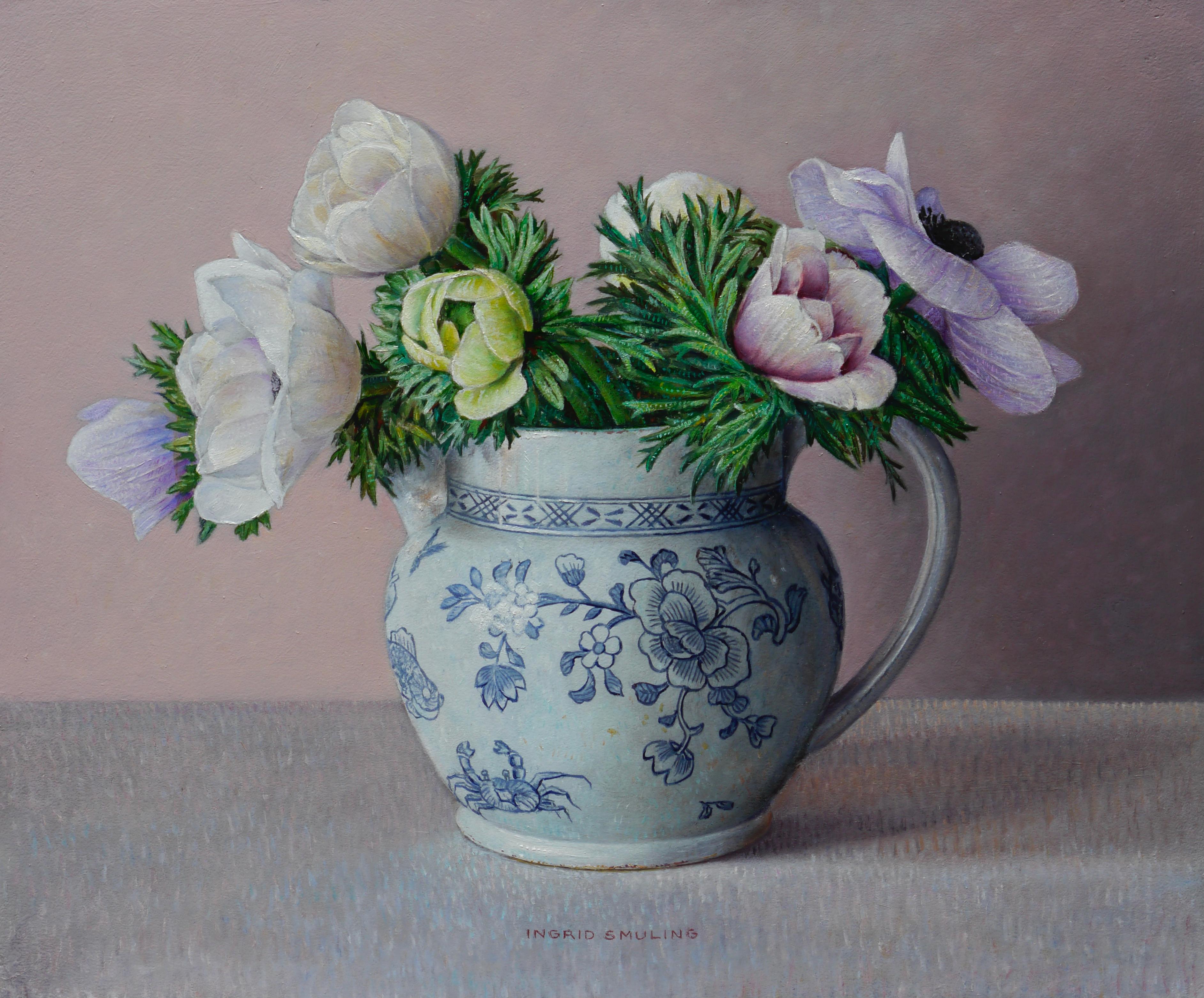 Ingrid Smuling Still-Life Painting - Wedgewood Eturia with Anemones- 21st Century Dutch Still-life painting 