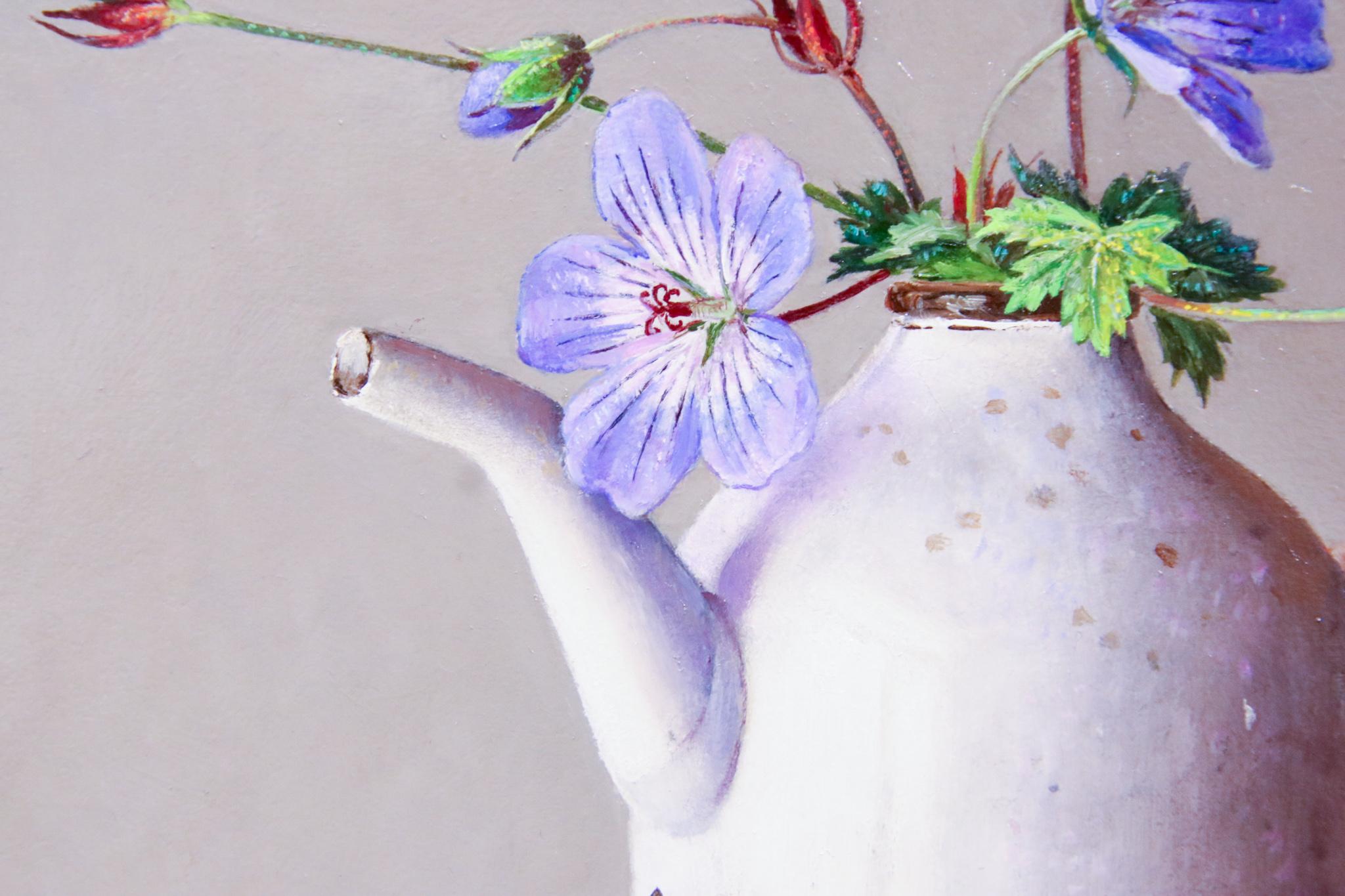 Wild Geranium in Little White Jug - 21st Century Contemporary Oil Painting - Gray Still-Life Painting by Ingrid Smuling