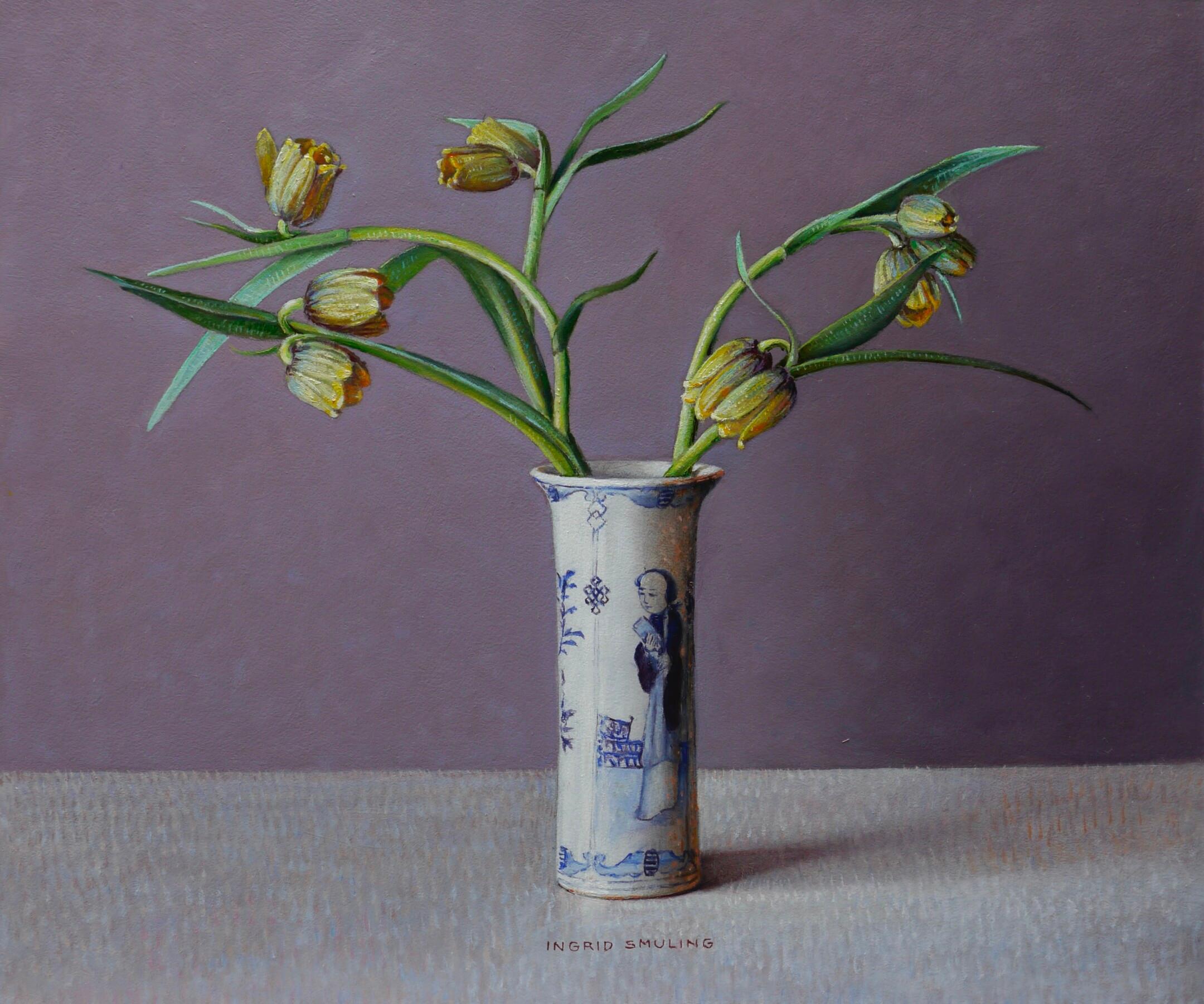 Ingrid Smuling Still-Life Painting - Yellow Fritillary Flowers in a Chinese Vase - 21st Century Dutch Still-life