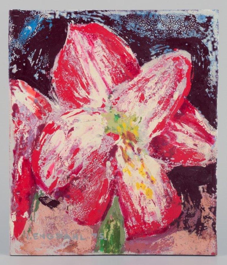 Ingvar Dahl, Swedish artist. 
Oil on panel. 
Title: ”Amaryllis med vita inslag” (Amaryllis with White Elements).
Signed and dated '75.
In perfect condition.
Dimensions: 21.5 cm x 25.5 cm.