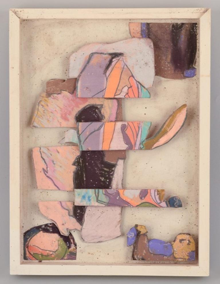 Ingvar Engdahl (1928-1992), listed Swedish artist. 
Mixed media on board. Abstract figurative compositions.
Approximately from the 1960s.
In good condition. Needs cleaning. Some minor paper cracks.
Dimensions: 29.0 cm x 38.5 cm.