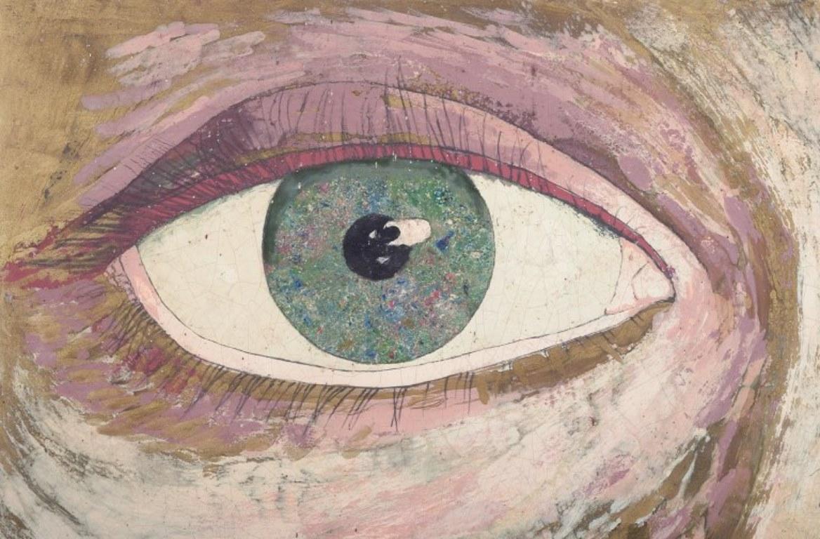 Ingvar Engdahl, Swedish artist. Mixed media on board. Close-up view of an eye. In Excellent Condition For Sale In Copenhagen, DK
