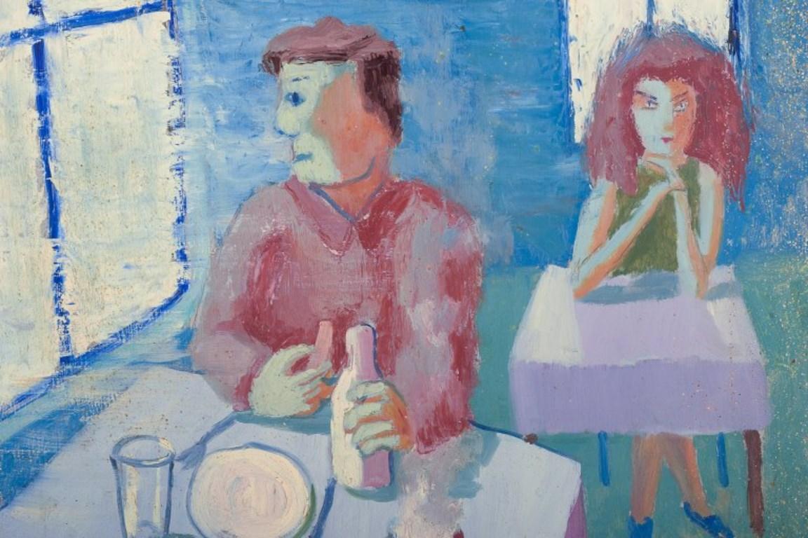 Modern Ingvar Engdahl, Swedish artist. Oil on board. Interior with two people. 1948 For Sale