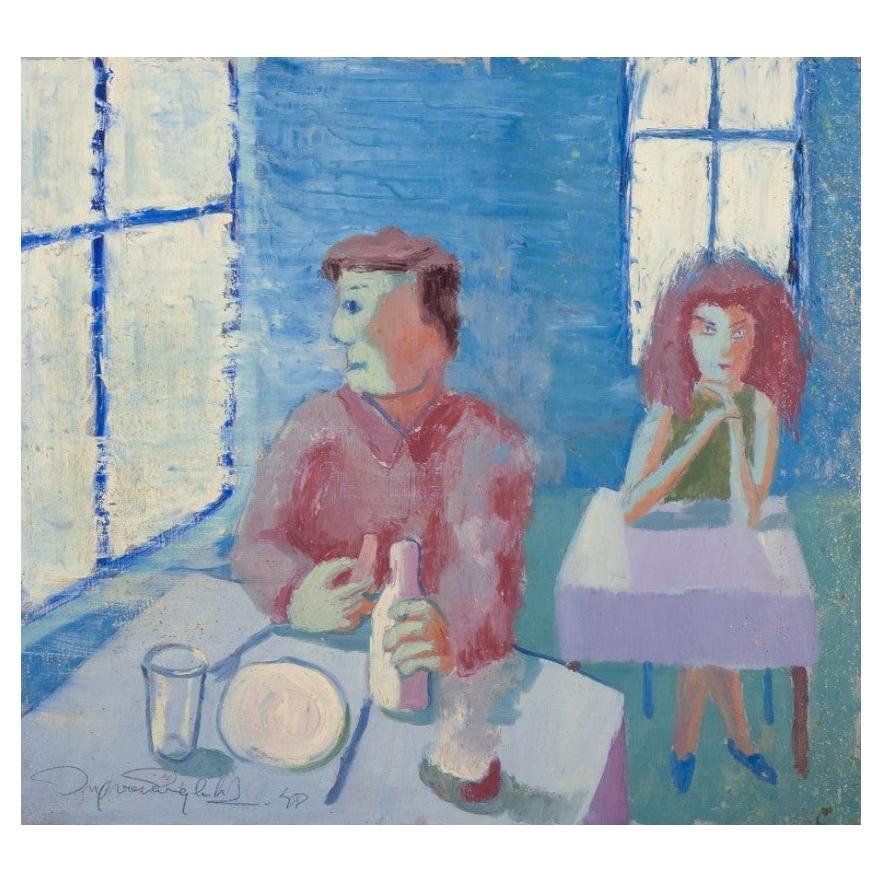 Ingvar Engdahl, Swedish artist. Oil on board. Interior with two people. 1948 For Sale