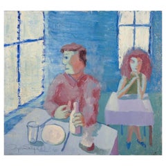 Ingvar Engdahl, artista sueco. Óleo sobre tabla. Interior con dos personas. 1948